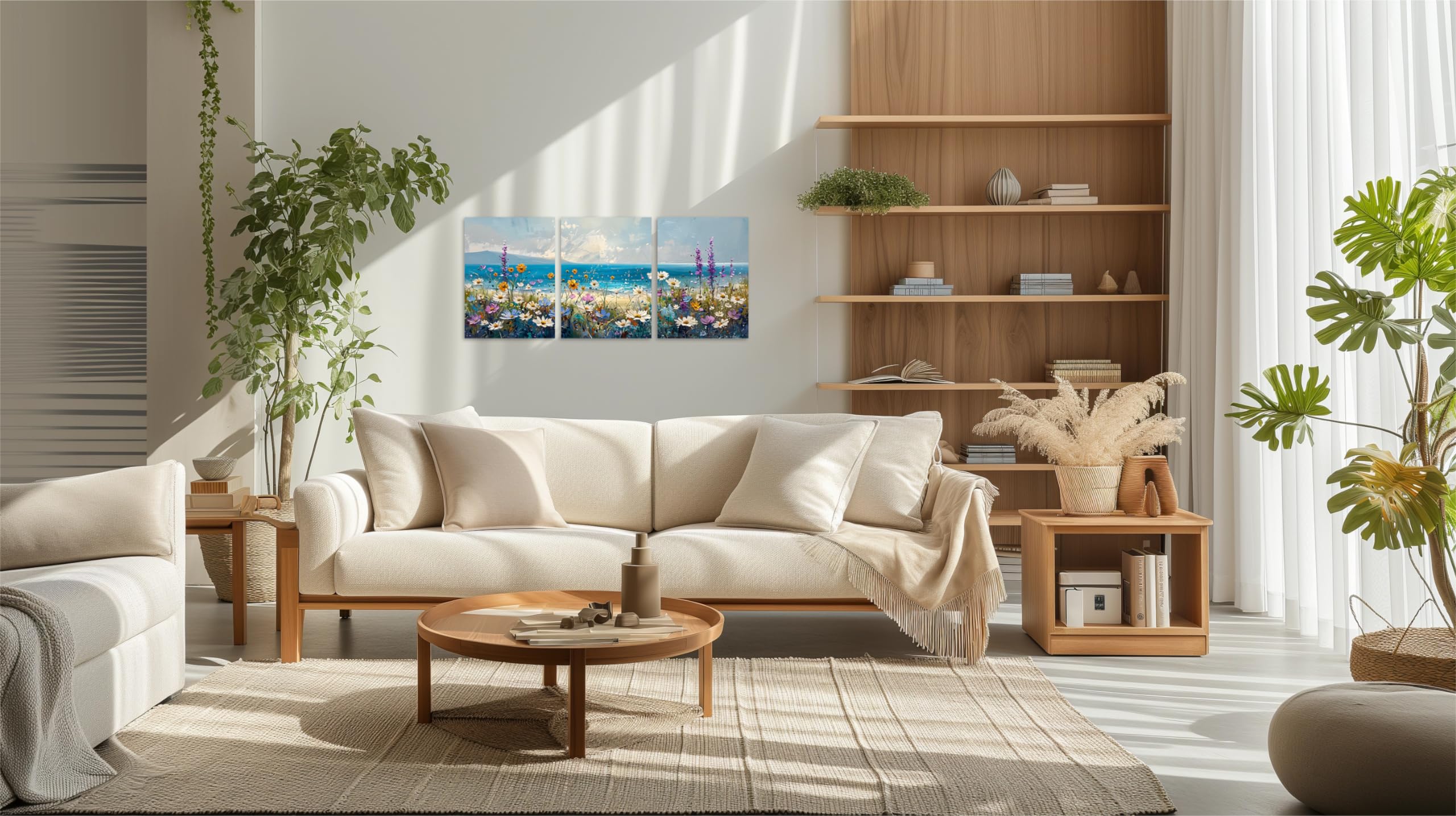 Tutubeer 3 Pcs Boho Beach Coastal Vintage Floral Wall Picture Rustic Wildflower Field Vintage Wall Art Canvas Prints Daisy Flowe