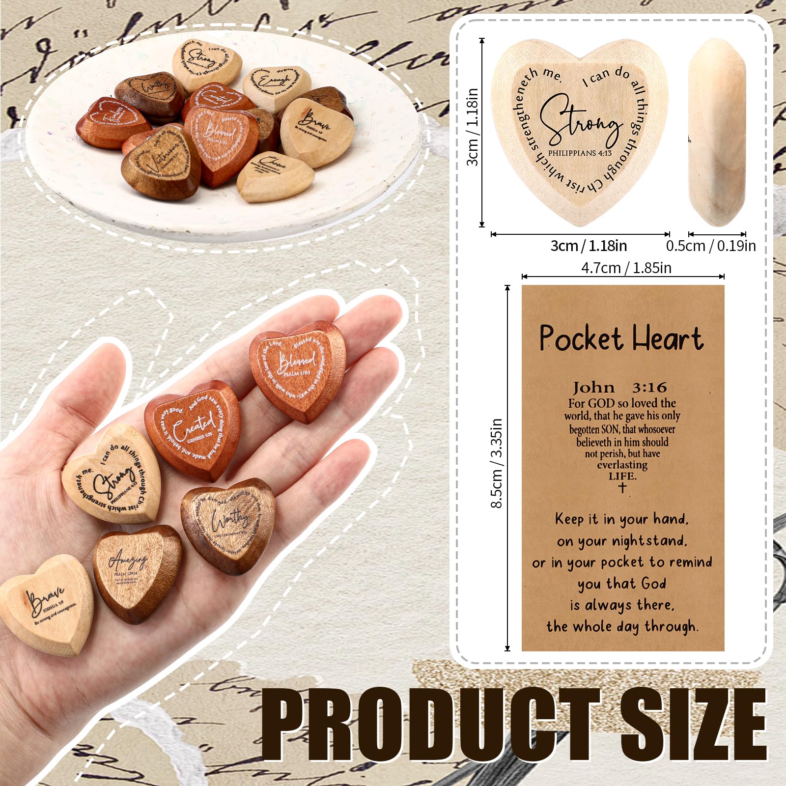 Yalikop 24 Set Inspirational Christian Party Favors Bulk Wood Religious Pocket Heart Thanksgiving Christian Gifts John 3: 16 Car