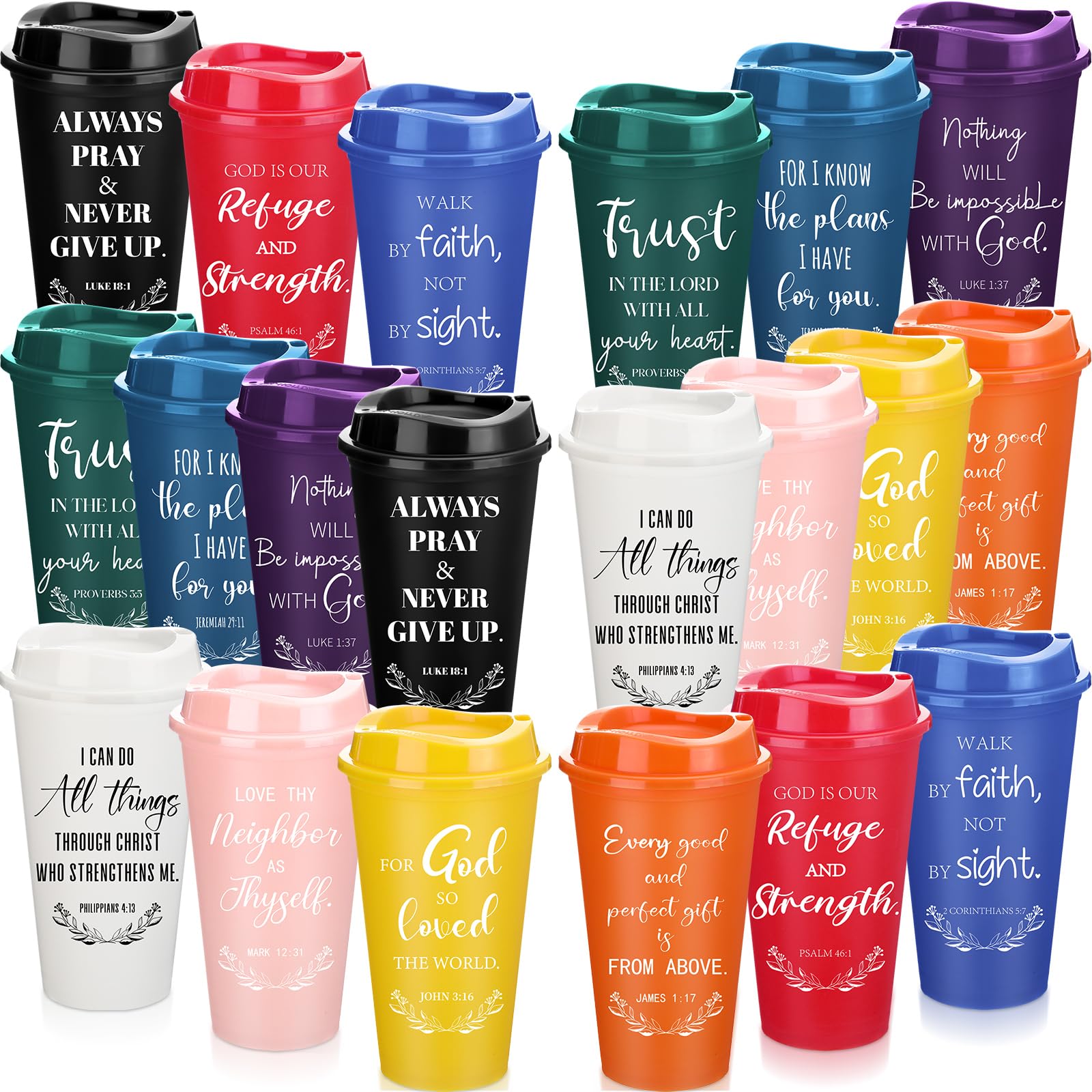 Skylety 60 Pack Christian Gifts for Men Women 16oz Reusable Bible Verse Tumbler Bulk Plastic Coffee Cups with Lids Inspirational