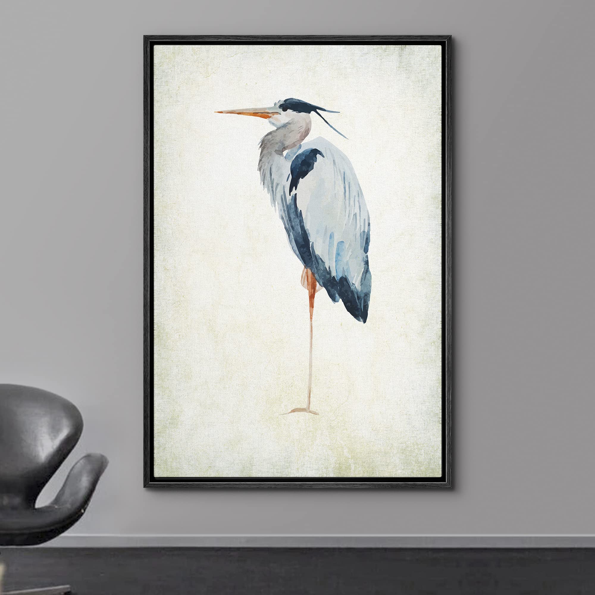 Wall26 - Framed Canvas Wall Art - Heron Bird - Wild Animal- Gallery Wrap Modern Home Art | Ready To Hang - 24''X36'' Black