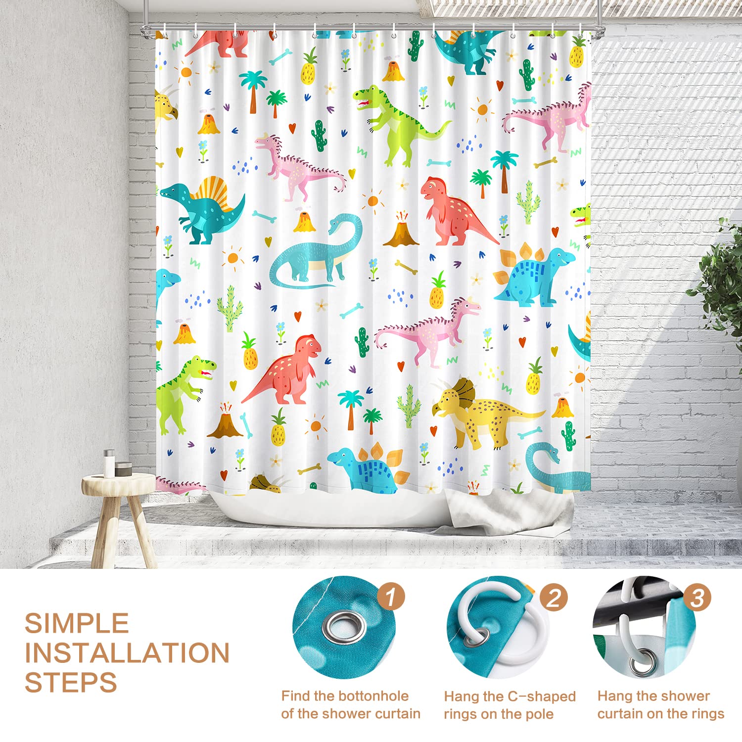 Shower Curtain Kids, Cartoon Dinosaur Shower Curtain Colorful Animals Plants For Boys Girls Polyester Fabric Waterproof Shower C