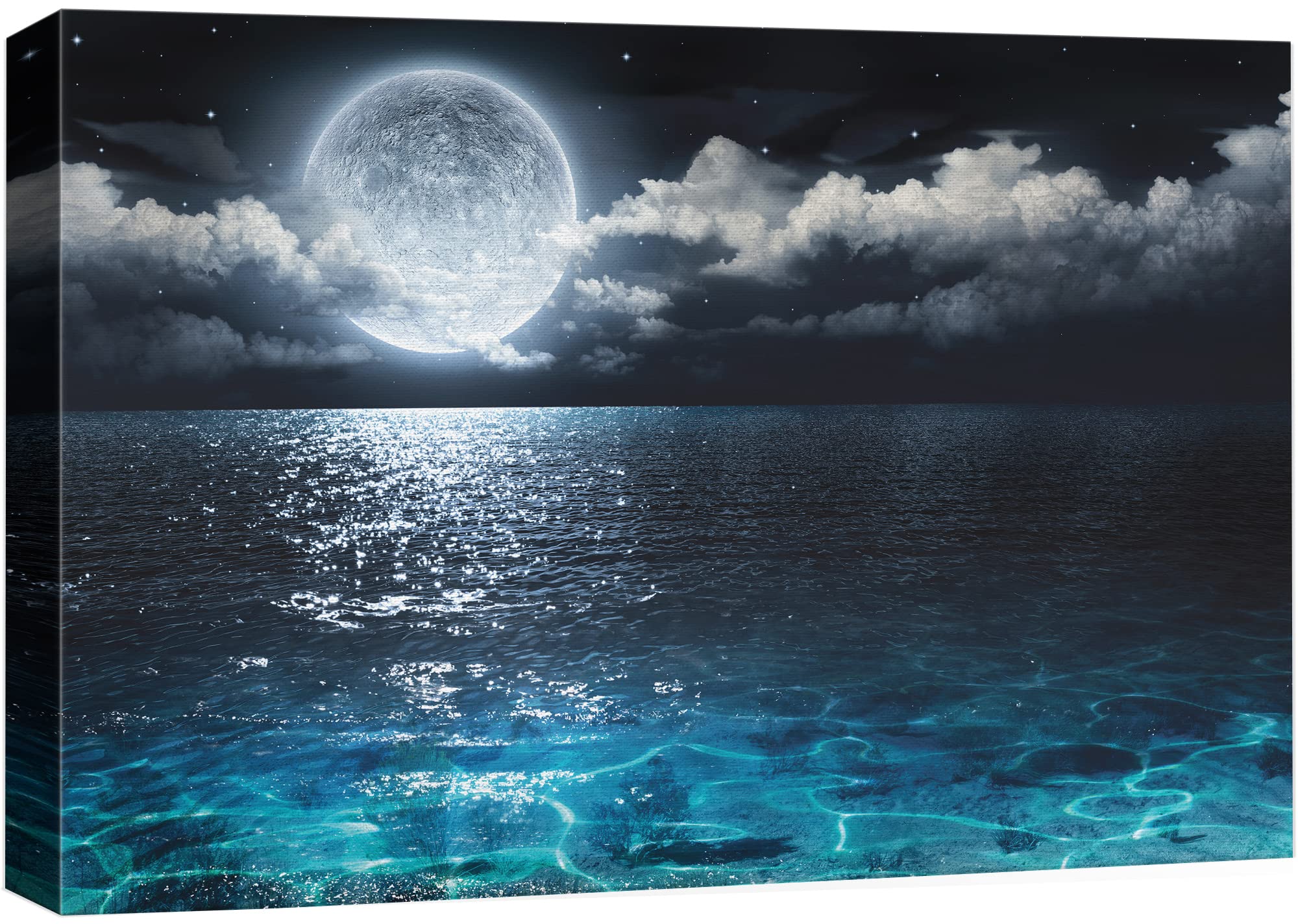 B2T Nwt Canvas Print Wall Art Full Moon In Clouds Over Dark Teal Sea Nature Wilderness Photography Modern Art Rustic Scenic Colo