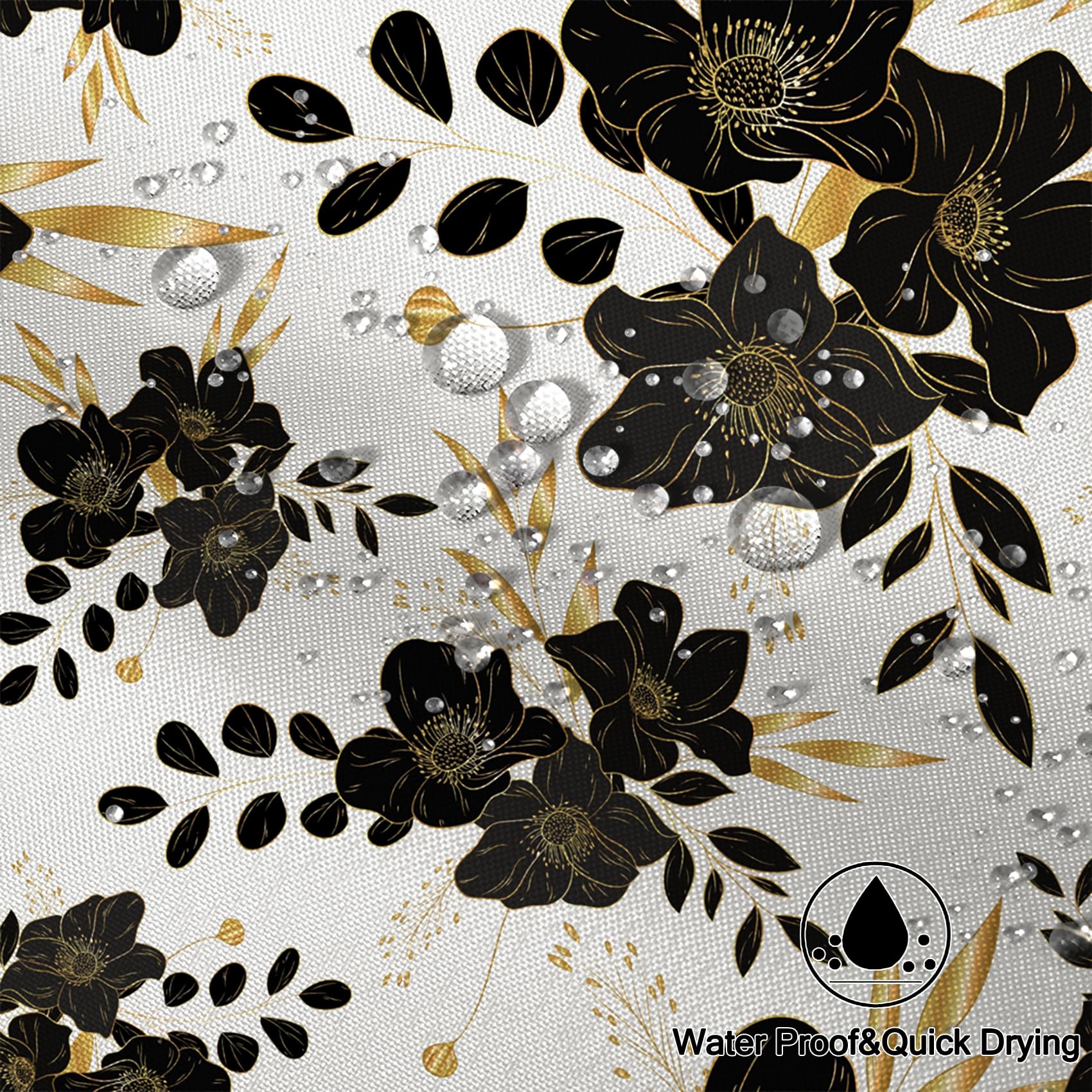 Yanutan Black Flower Shower Curtain, Black Dark Floral Gold Leaves Shower Curtain Set For Bathroom, Natural Plants Fabric Bath C