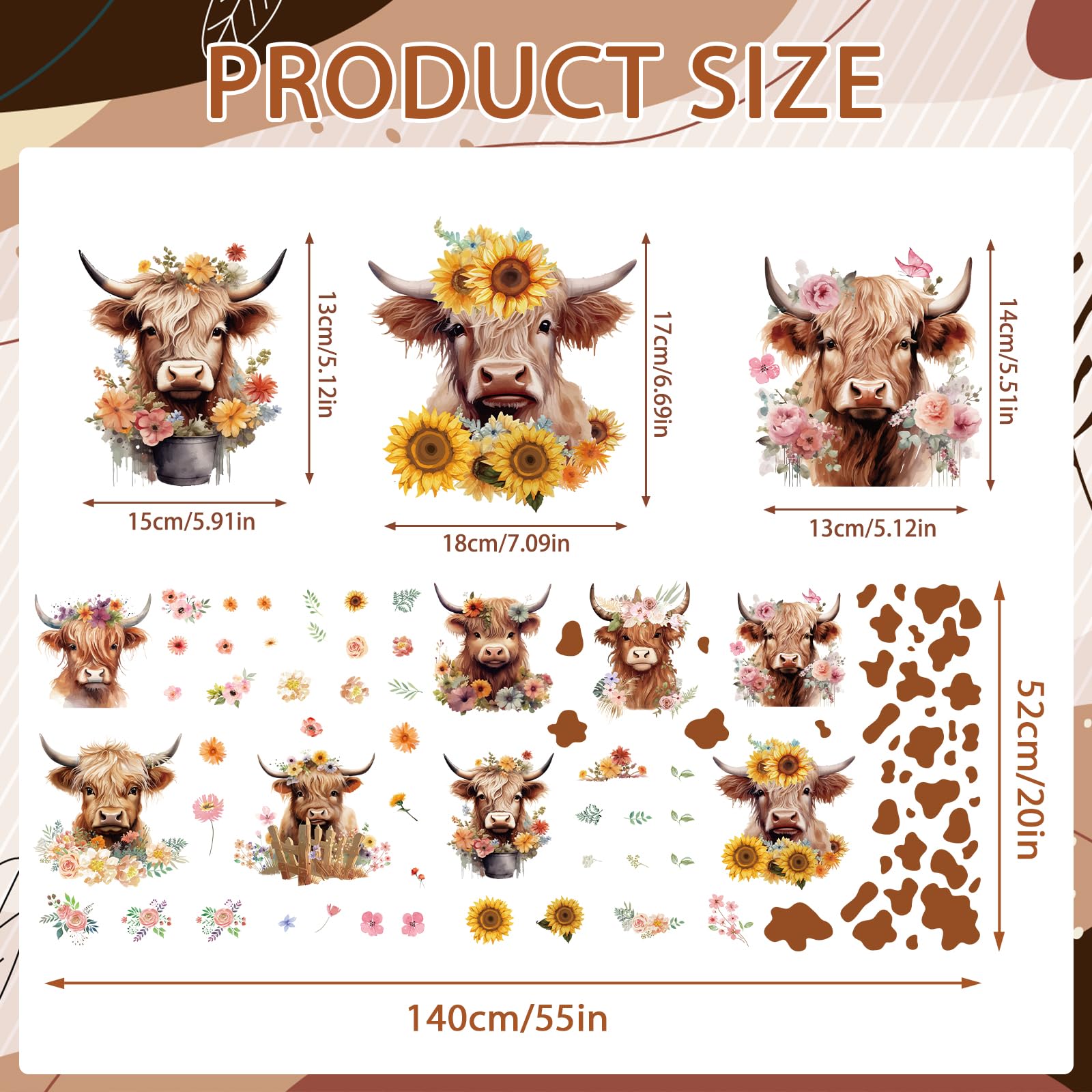 Wxiben Highland Cow Wall Decals - Cow Print Wall Stickers Decor Flower Wall Sticker Removable Floral Wall Murals Peel And Stick