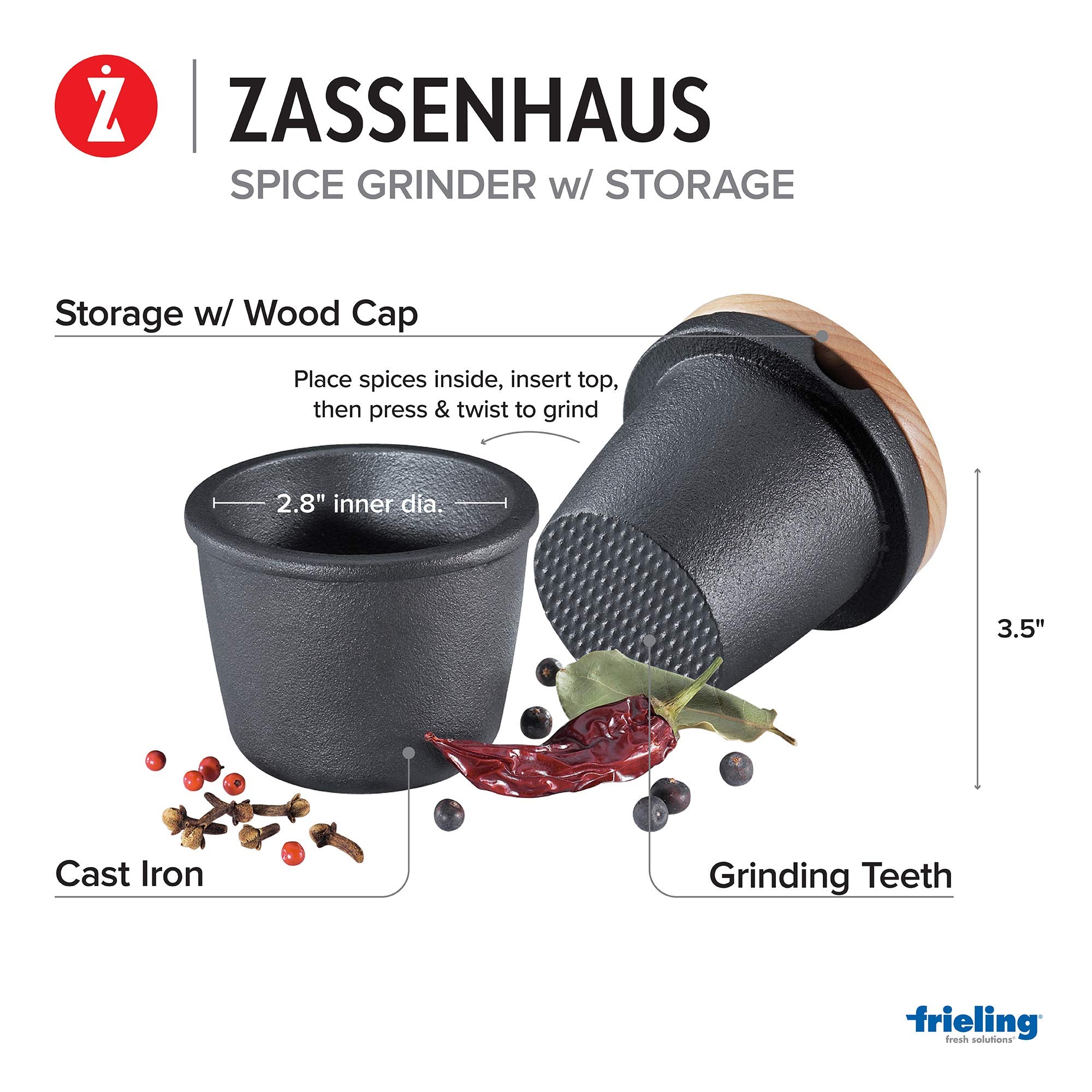 Zassenhaus Cast Iron Spice Grinder Set With Beech Wood Lid, Spice Mill, Herb And Seed Grinder, 3 Inches (Black)
