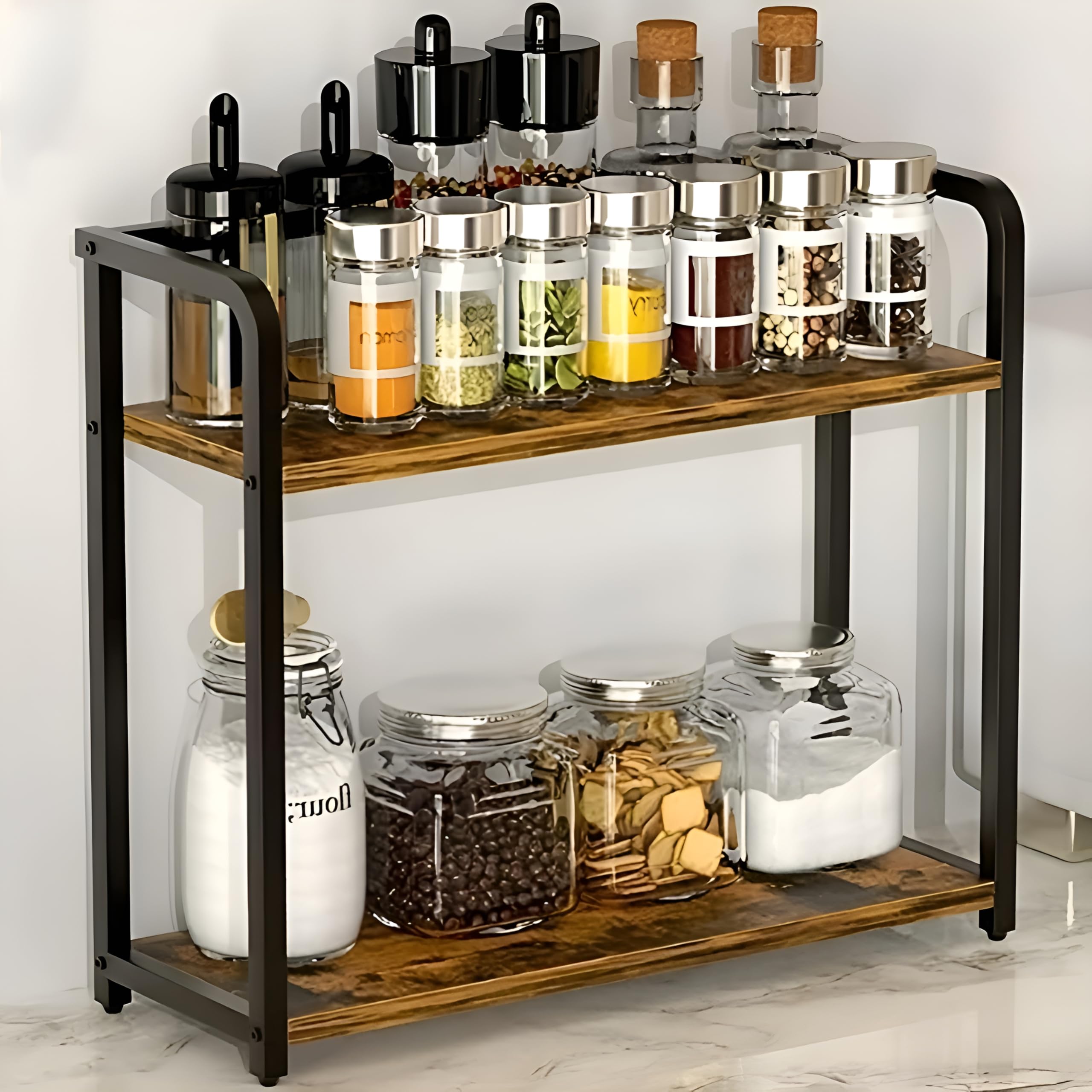 Yookeer Kitchen Organizer Rack, Counter Top Organisers, Wooden Stand, Kitchen Organiser, 2Tier Spice Rack, Rustic Brown And Bla