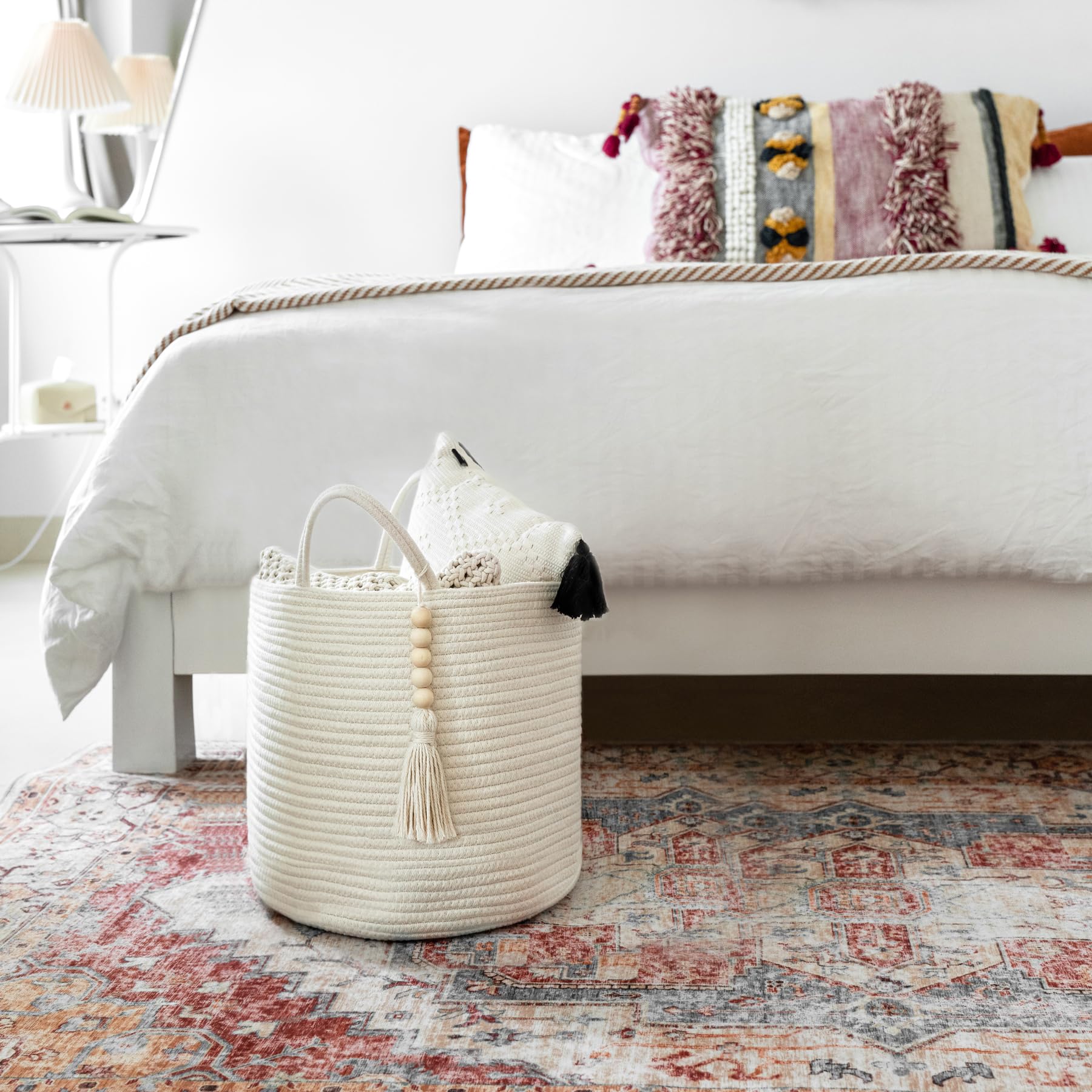 Mkono Woven Storage Basket With Handles Decorative Cotton Rope Basket Wooden Bead Decoration For Blankets,Toys,Clothes,Living Ro