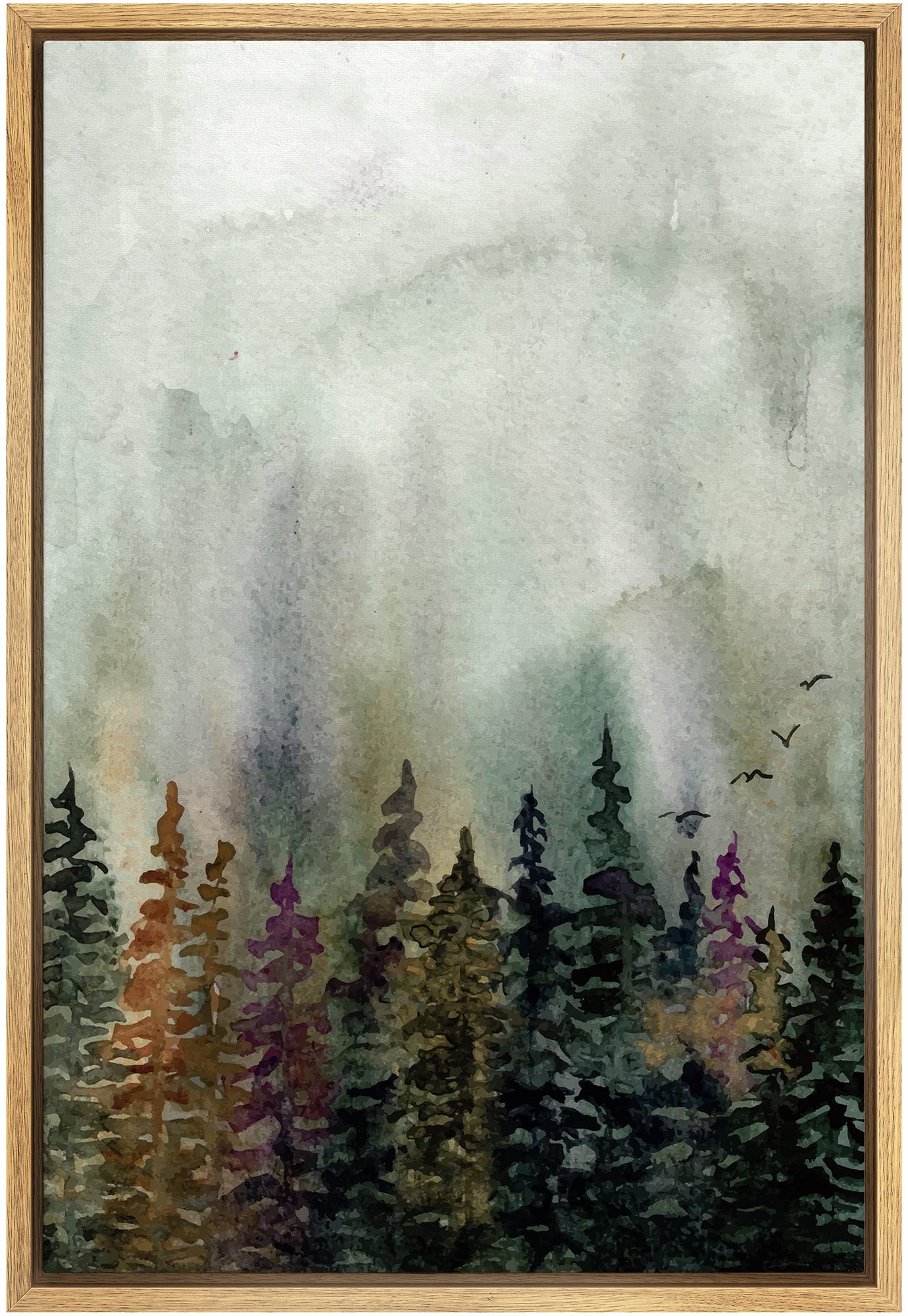 Signwin Framed Canvas Print Wall Art Woodland Nursery Decor Green & Purple Watercolor Forest Trees Floral Nature Illustrations M