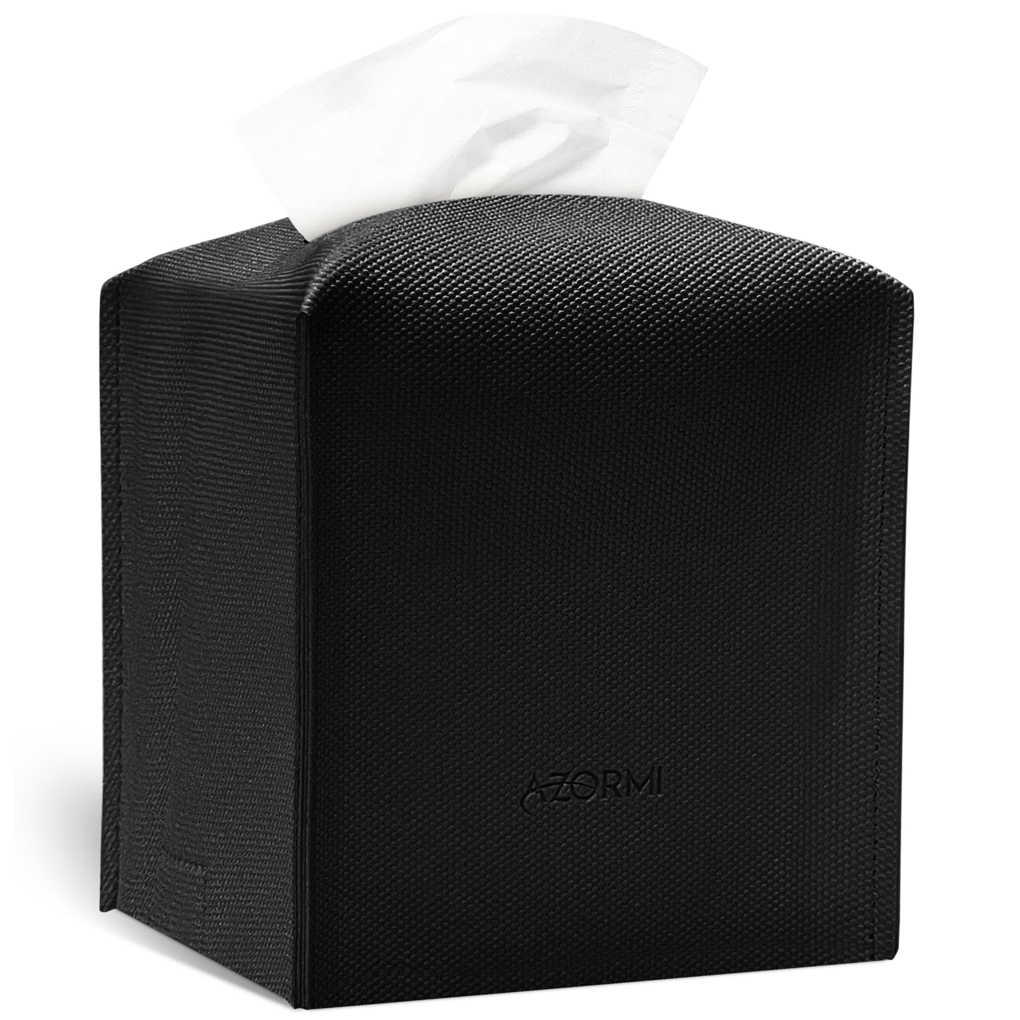 Tissue Box Cover, Pu Leather Tissue Box Holder With Bottom Belt, Modern Square Tissue Box Covers With Wide Opening (Black, Woven