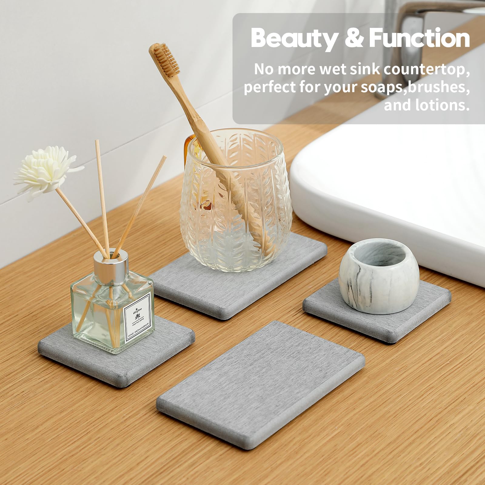 Razborci 4Pcs Bathroom Sink Vanity Trays, Diatomaceous Earth Quick Stone Drying Mat Kitchen Counter Dish Soap Dispenser Sponge H