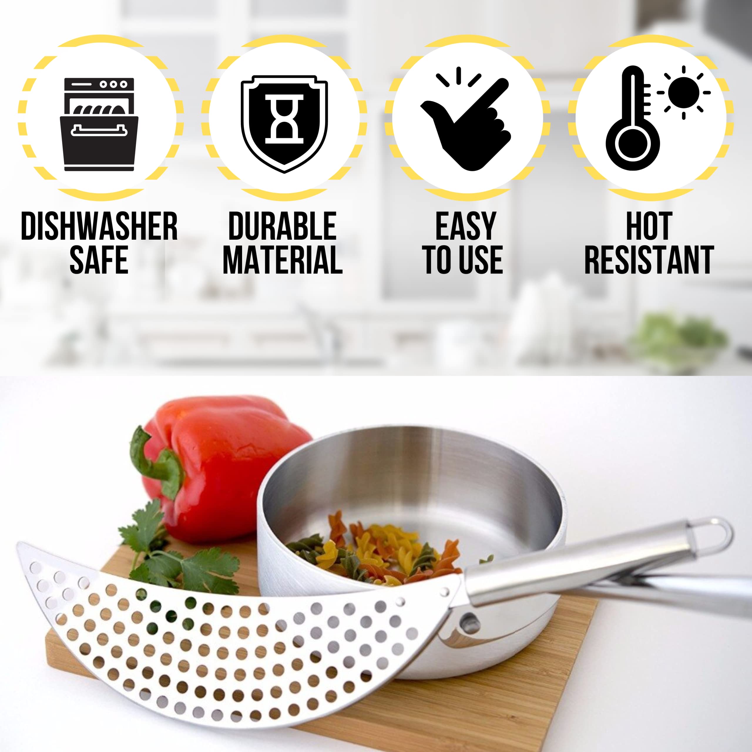 Held Crescent Drainer Pan Pot Strainer With Handle Stainless Steel Hand For Spaghetti Fry Noodles Fruit Vegetable Pasta Strainer