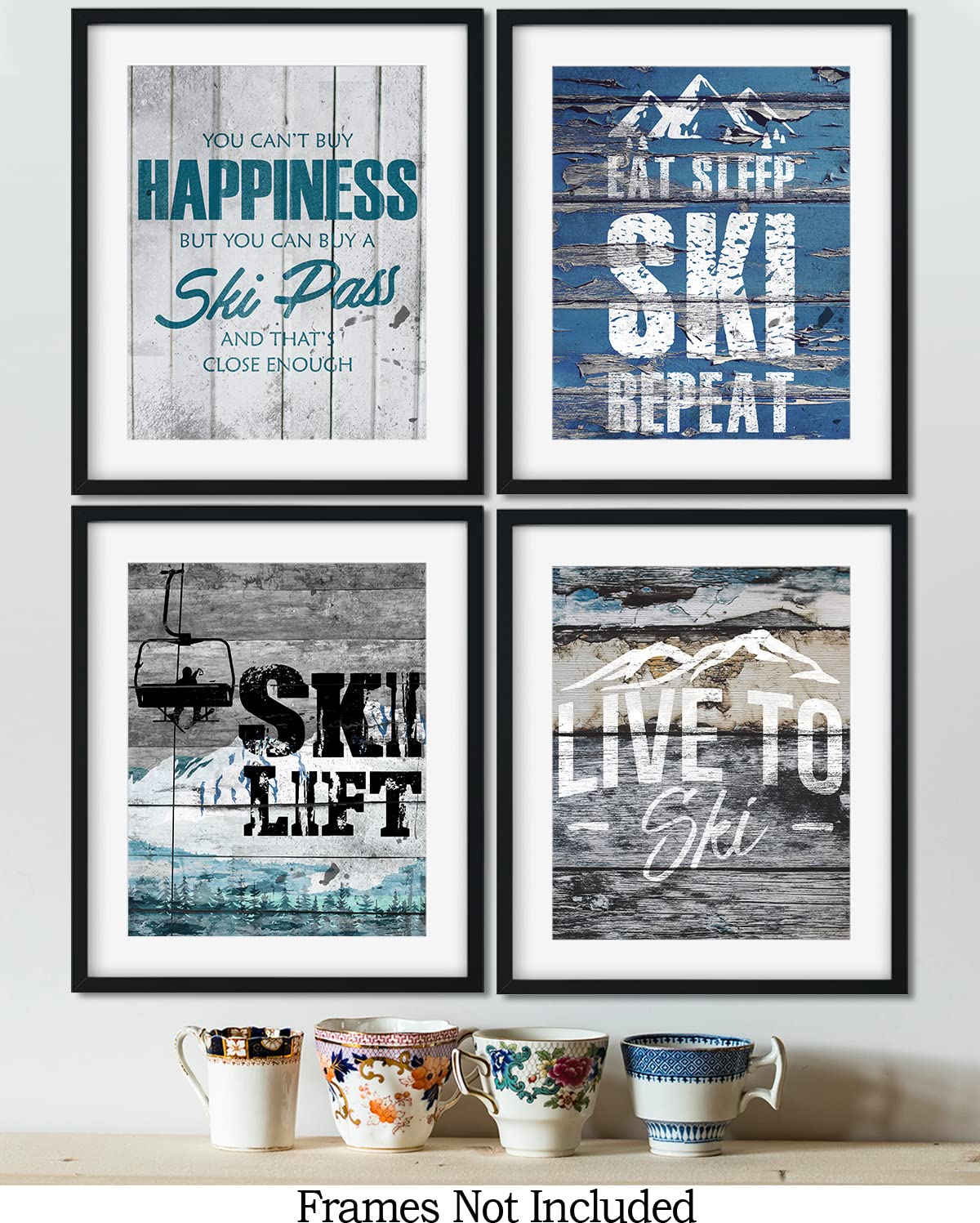 Ski Cabin Decor - Set Of 4 Skiing Wall Art Images - Rustic Wall Decor For Mountain House, Lodge Or Cabin - Gift For Skiers And S