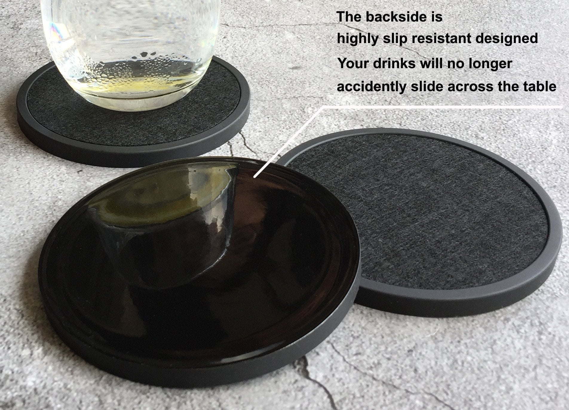 Mecowon Absorbent Coasters For Drinks With Holder, 8 Pieces Silicone Coasters With Soft Felt Insert, Black