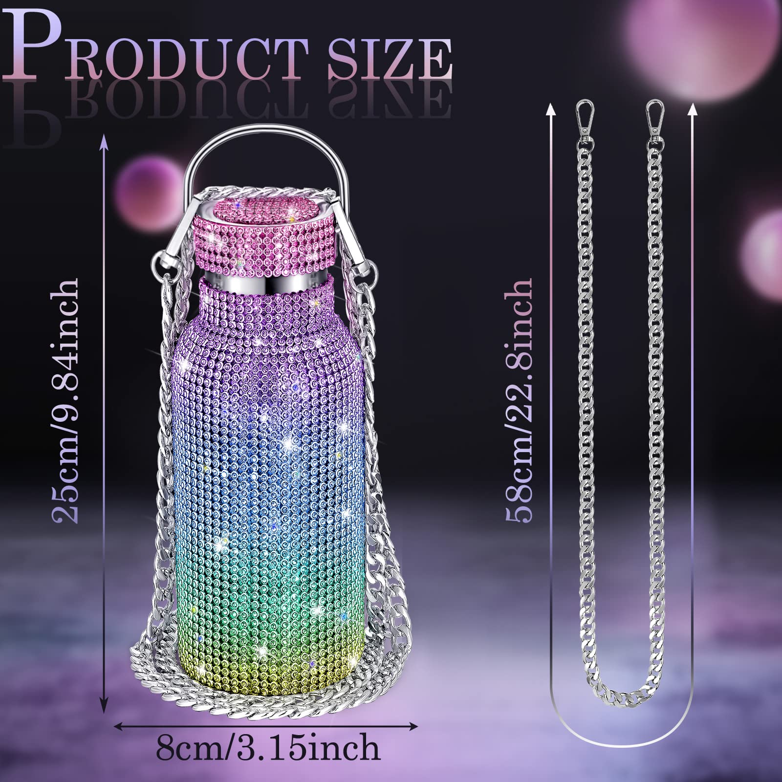 Diamond Insulated Water Bottle Bling Rhinestone Stainless Steel Refillable Glitter Thermal Bottle With Chain For Women Girls Gif