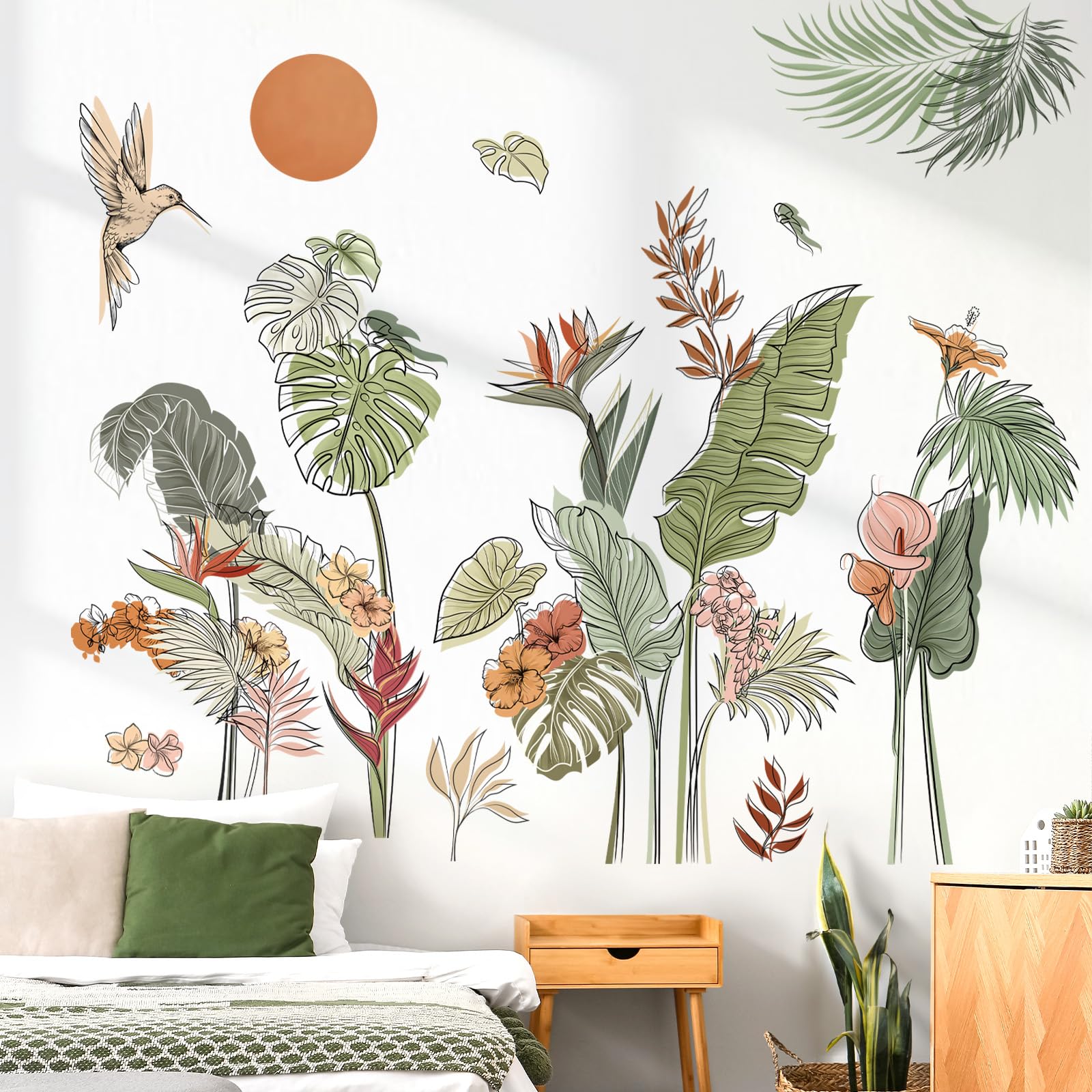 Decalmile Boho Tropical Leaves Flower Wall Decals Bohemian Floral Plants Sun Wall Stickers Bedroom Living Room Office Wall Decor