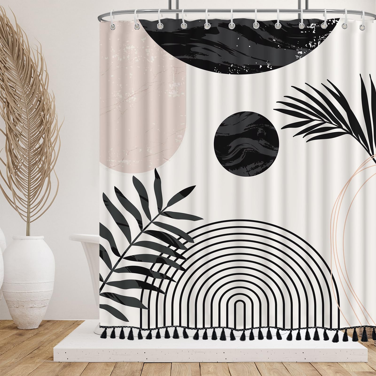 Giumsi 72'' X 78'' Boho Black And White Shower Curtain Sets,Mid-Century Design With Tassel Accents, Waterproof Polyester Bathroo