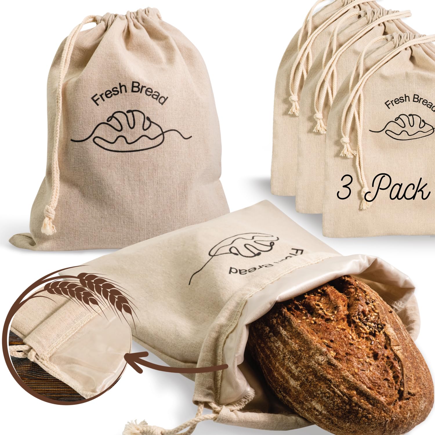 Simply H&K Linen Bread Bags [Pack Of 3] With Inner Lining - Keeps Homemade Bread Fresh & Secure - Perfect For Sourdough & Gift G