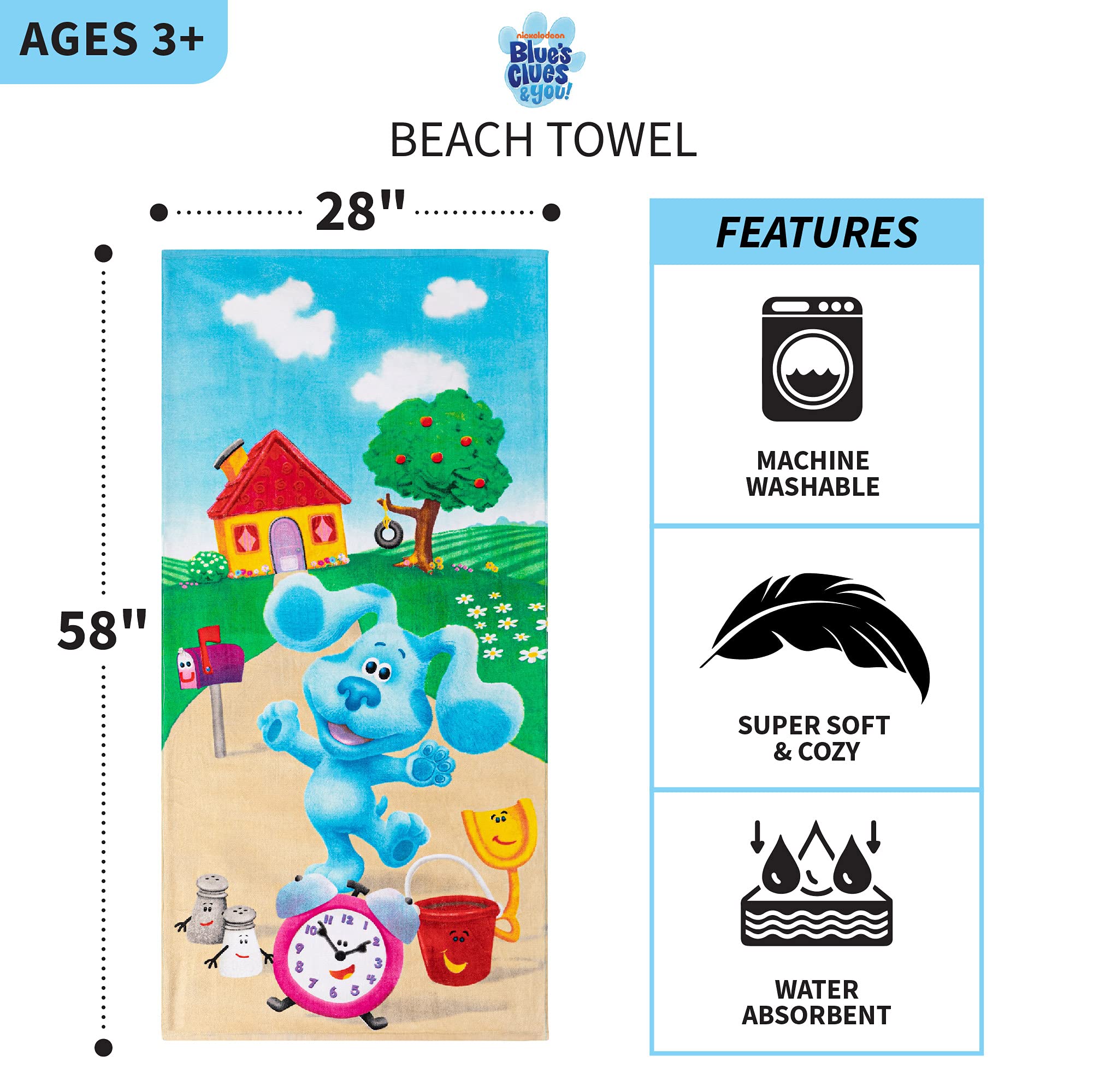 Franco Kids Super Soft Cotton Bath/Pool/Beach Towel  58 In x 28 in  Blues Clues