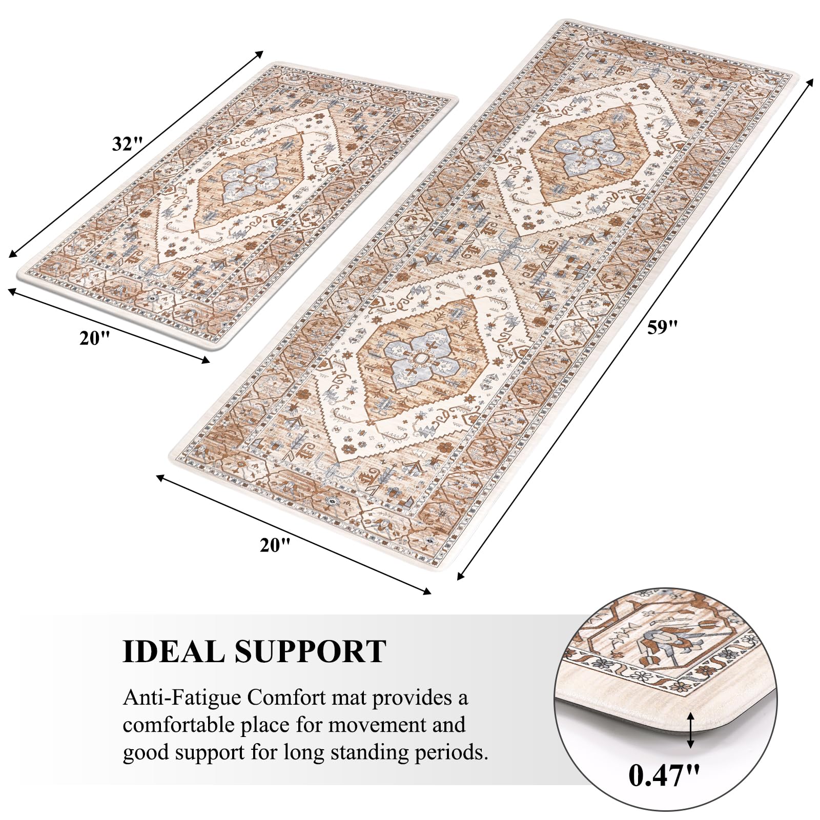 Pauwer Anti Fatigue Kitchen Mats For Floor 2 Piece Set, Cushioned Memory Foam Kitchen Rug, Non Slip Kitchen Runner Rug Carpet, W