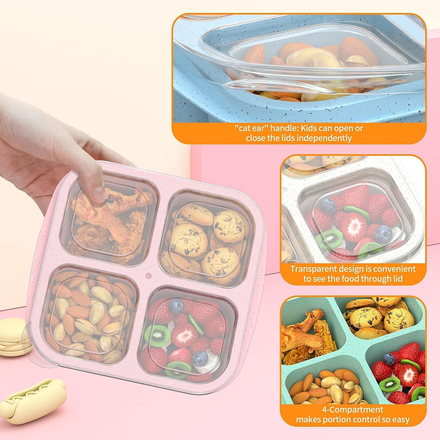 Cigenbon Bento Snack Boxes 4 Pack, Reusable Bento Boxes Kids With 4 Compartments & Fork, Lunch Snack Containers For Kids Adults,