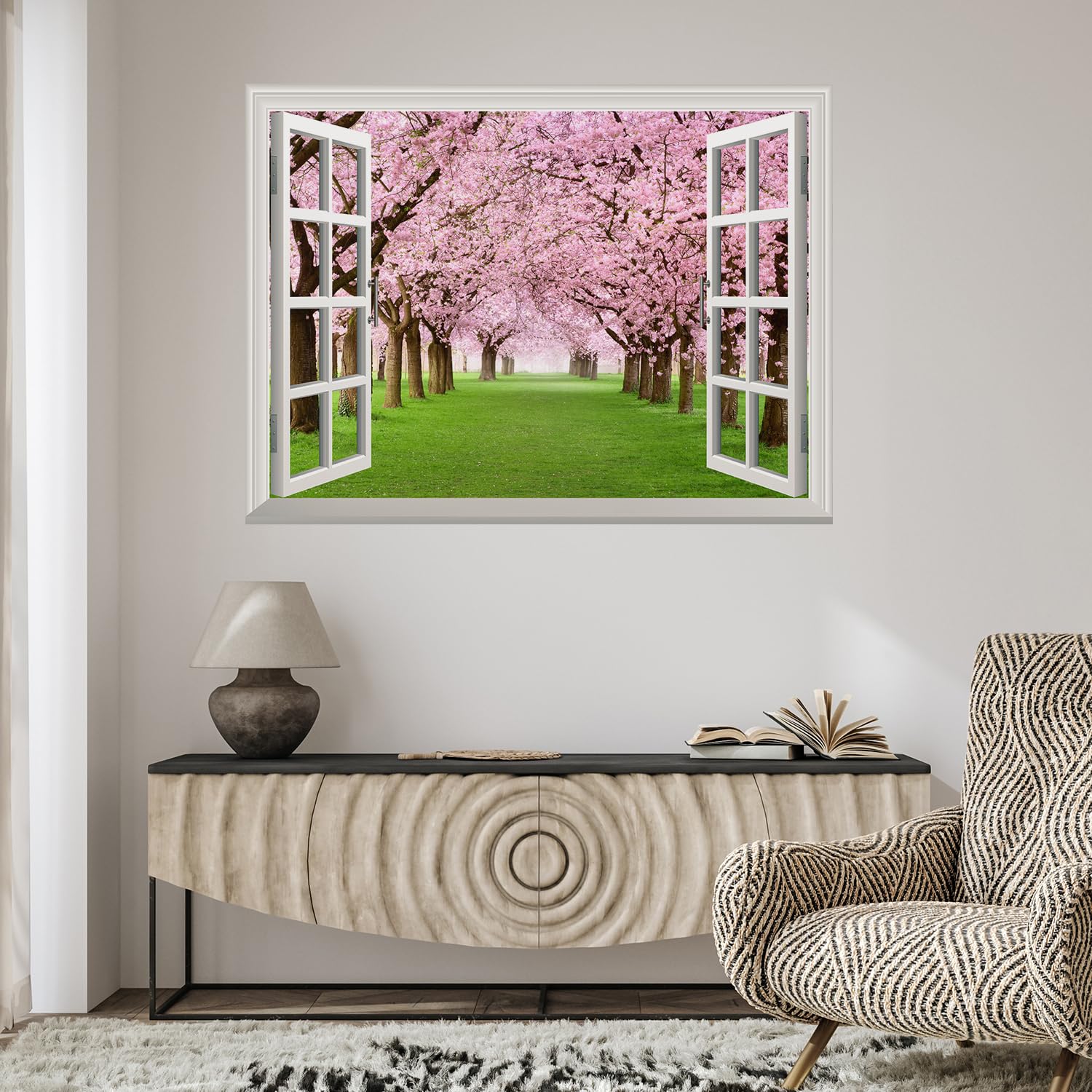 wall26 Removable Wall Sticker/Wall Mural - Cherry Blossom View Out of The Open Window Creative Wall Decor - 24 Inchx32 Inch
