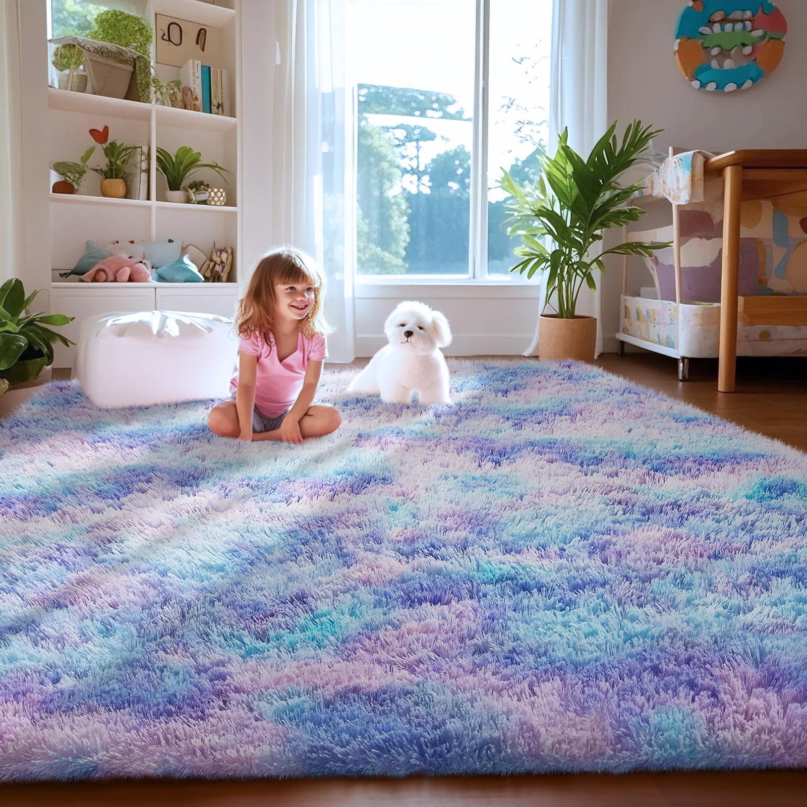 Ophanie Rainbow Purple Rug for Bedroom Girls, Kids Fluffy Kawaii Fuzzy Furry Shag Area Rug, Cute Plush Soft Shaggy Bedside Indoo