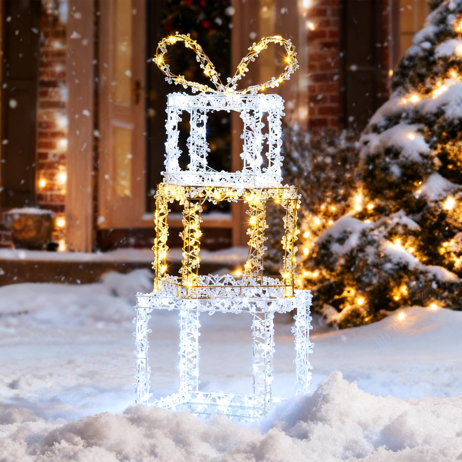 Tangkula 4 FT Lighted Stacked Gift Boxes, Light up Box Tower Christmas Decorations with Built-in LED Lights & Decorative Bows, I