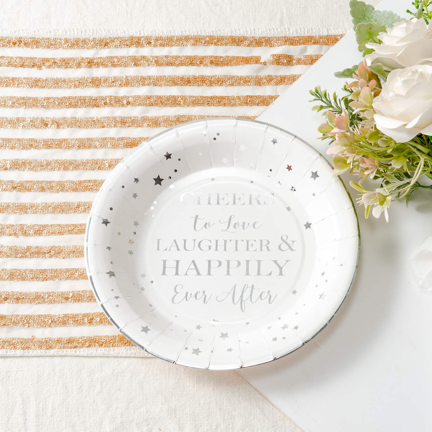 Crisky Cheers To Love Silver Disposable Plates For Bridal Shower, Wedding, Engagement, Bachelorett Party Decorations, Dessert, B