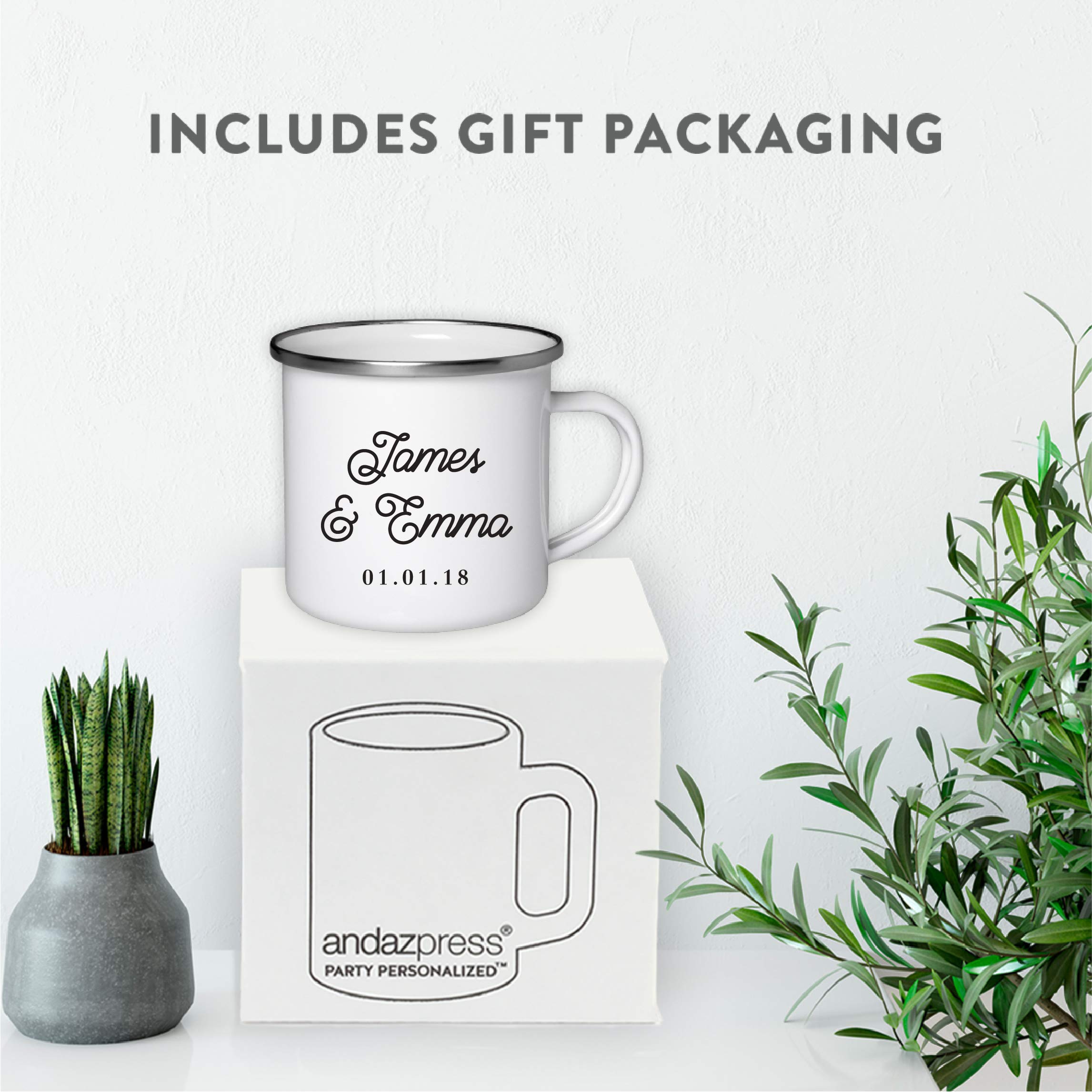 Andaz Press Fully Personalized Stainless Steel Campfire Coffee Mugs Gift Set, Bride Groom Names and Date, 2-Pack, Metal Enamel C