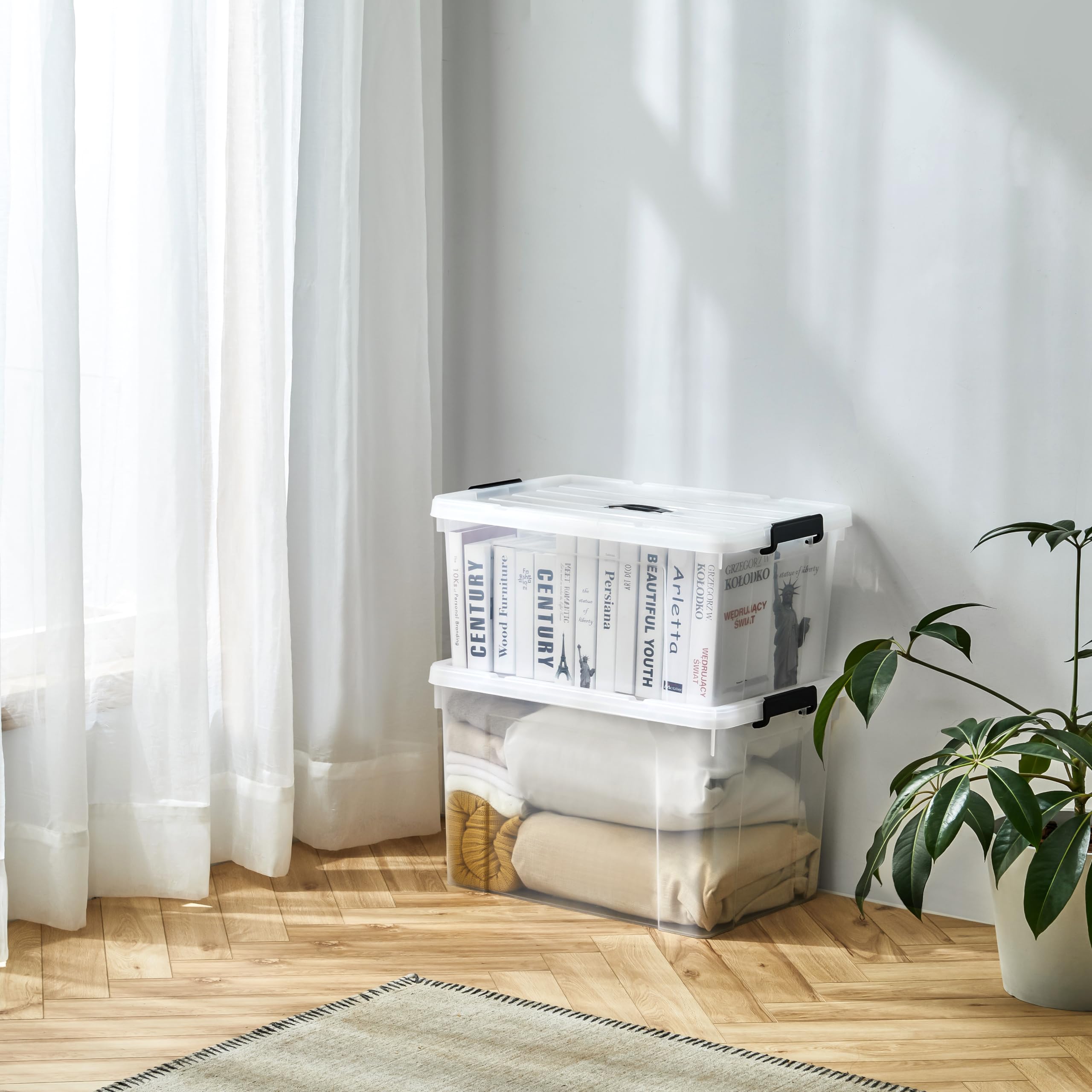 Cetomo Plastic Storage Bin Box Organizing Container With Lid And Secure Latching Buckles, Clear, 72Qt X 6, Pack Of 6