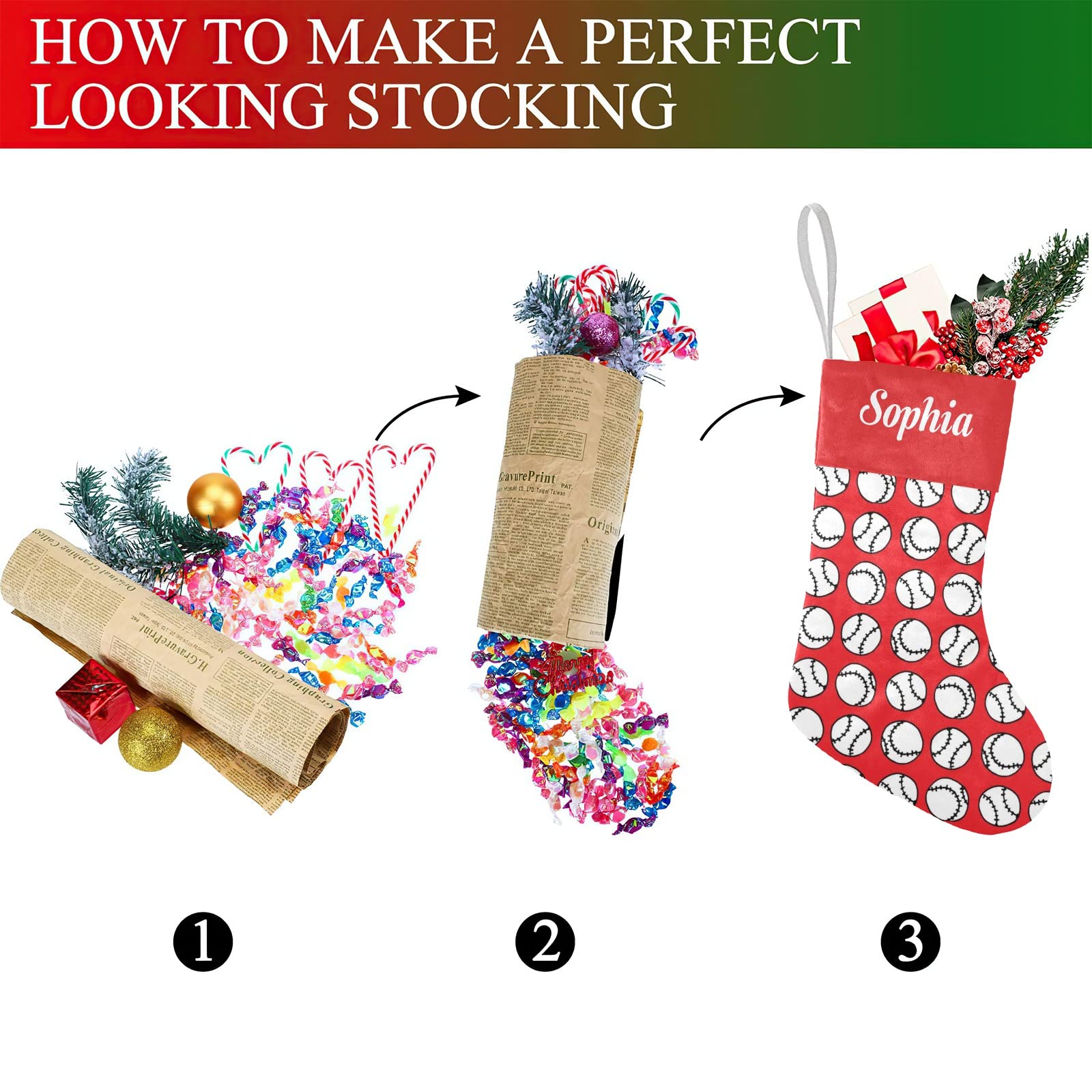 SunFancyCustom Sports Baseballs on Red Christmas Stockings Personalized Holiday Xmas Party Gift Bag Socks Home Decor 17.52 x 7.8