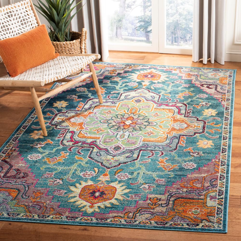 SAFAVIEH Crystal Collection Accent Rug - 4 x 6, Teal & Rose, Medallion Distressed Design, Non-Shedding & Easy Care, Ideal for 