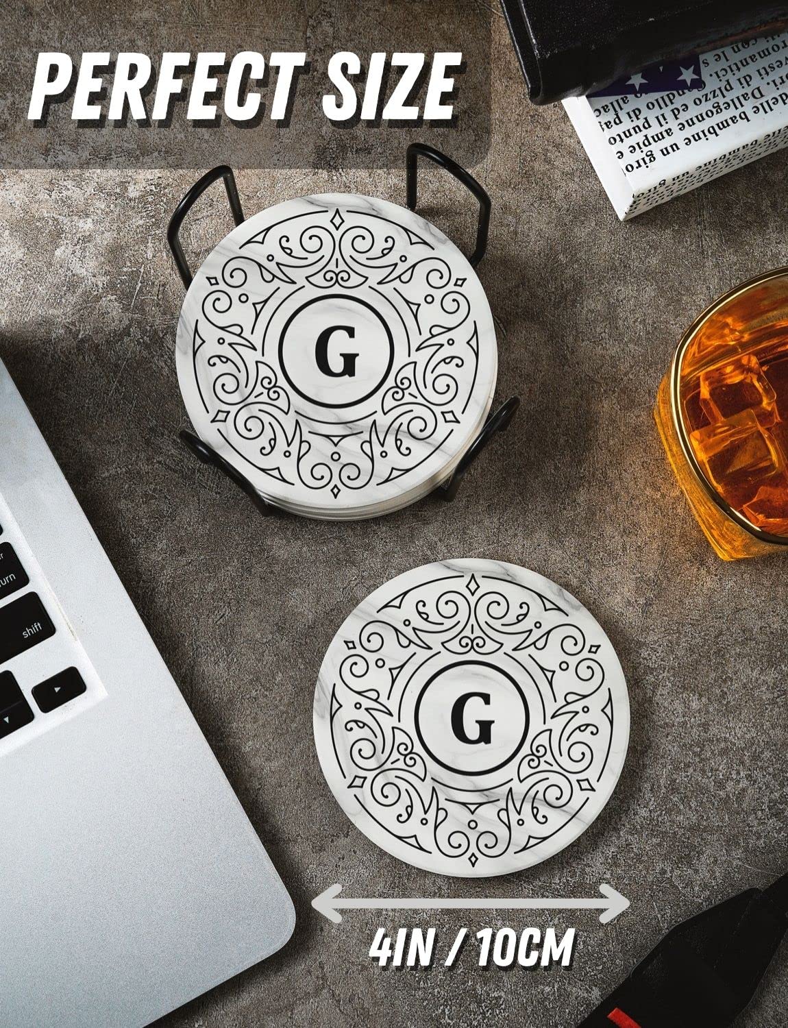 Onebttl Monogrammed Coaster Gifts Set Of 6, Initial Letter, Ceramic, Absorbent With Cork Base, Home Decor For Family, Housewarmi