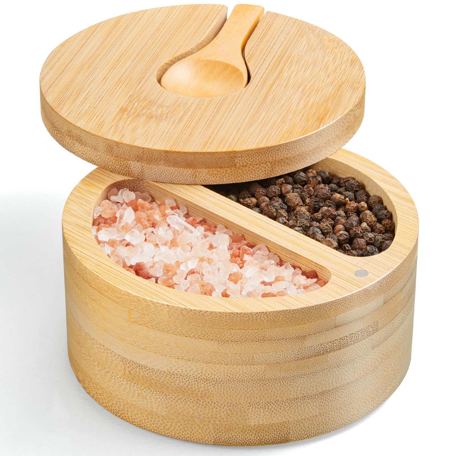 OUTNILI Bamboo Salt Box with Swivel Lid and Builtin Spoon, 2Compartment Salt Container, 12 oz, RusticModern Style