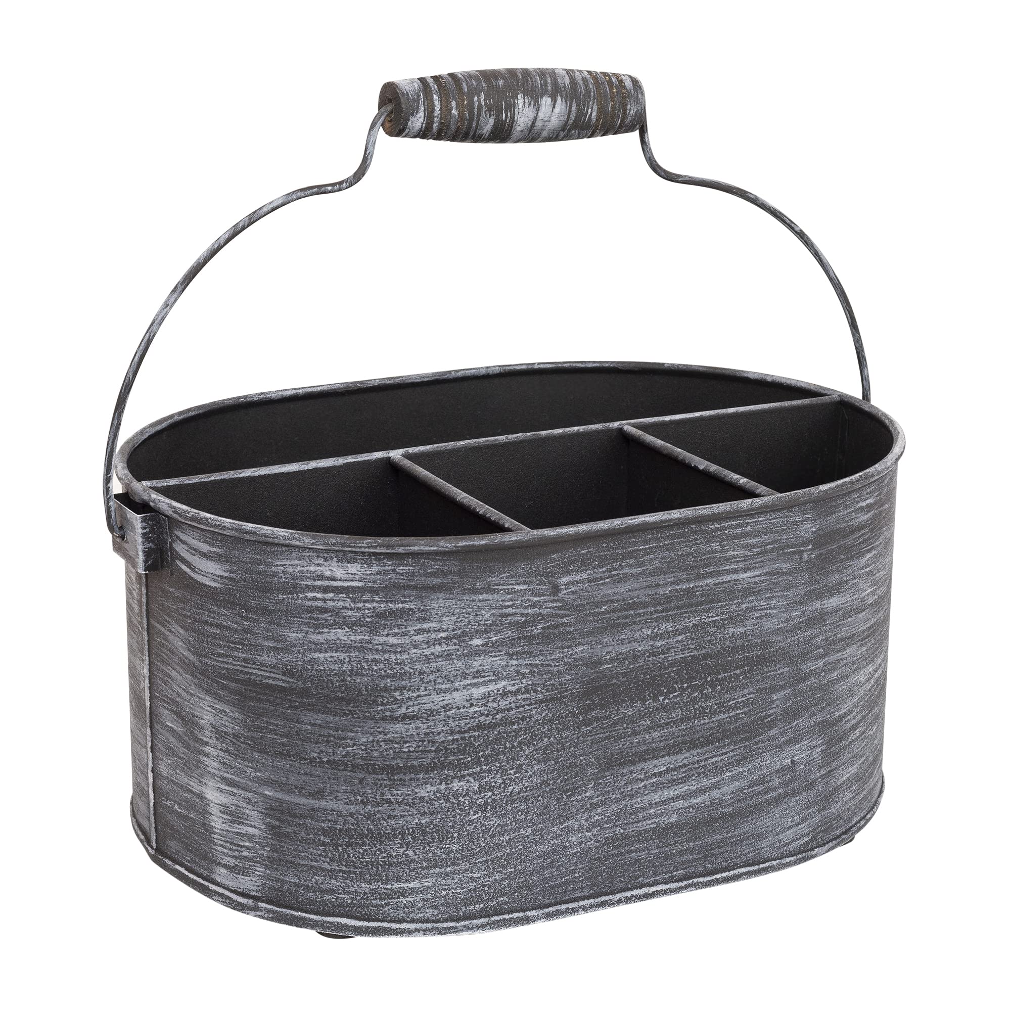 Gocraft Farmhouse Galvanized Metal Flatware Caddy | Rustic Grey Kitchen Home Storage Organiser With 4 Compartments And Handle |