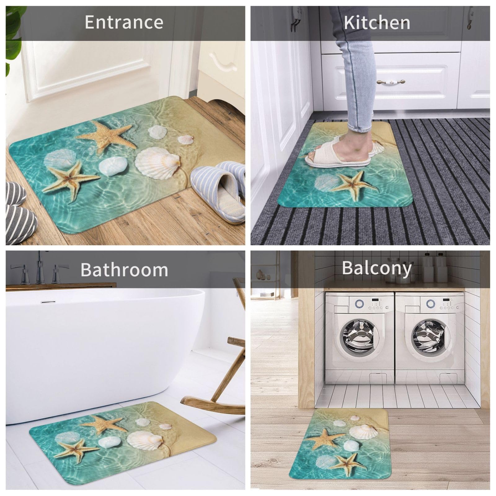 Nautical Coastal Bath Mats For Bathroom, Soft Absorbent Starfish Seashell Coral Beach Bath Rug Non-Slip Floor Rug Carpets For Ki