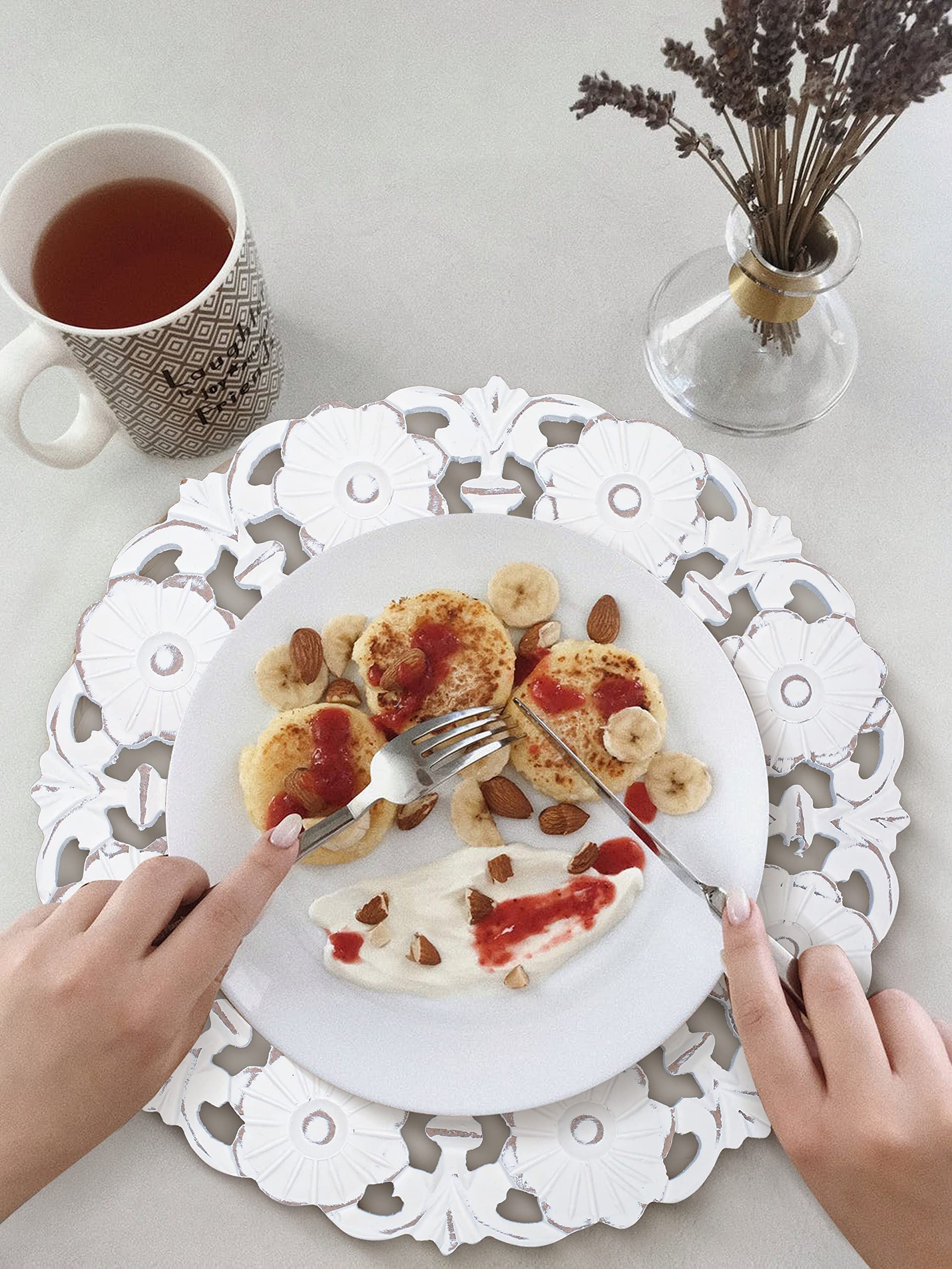White Wood Charger For Dinner Plates Set Of 2 - Decorative Flower Design 13 Inch Round Wooden Placemat For Dining Table D  Cor/F