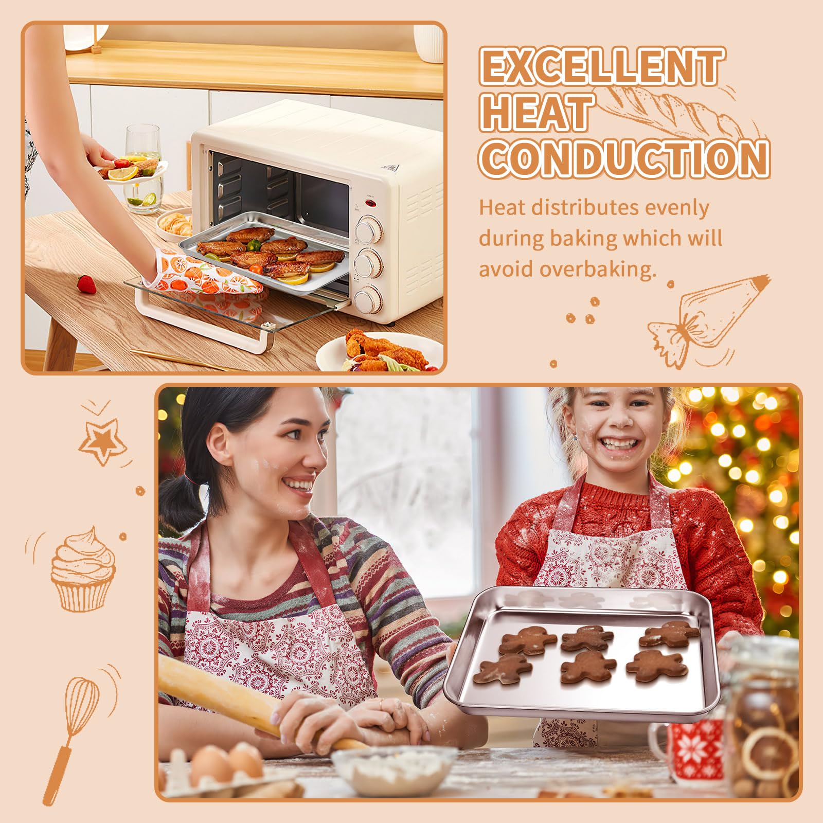 Deedro Stainless Steel Baking Sheet Set of 2, 10x8 Inch, Non-Toxic, Heavy Duty, Rust-Free, Dishwasher Safe, Silver
