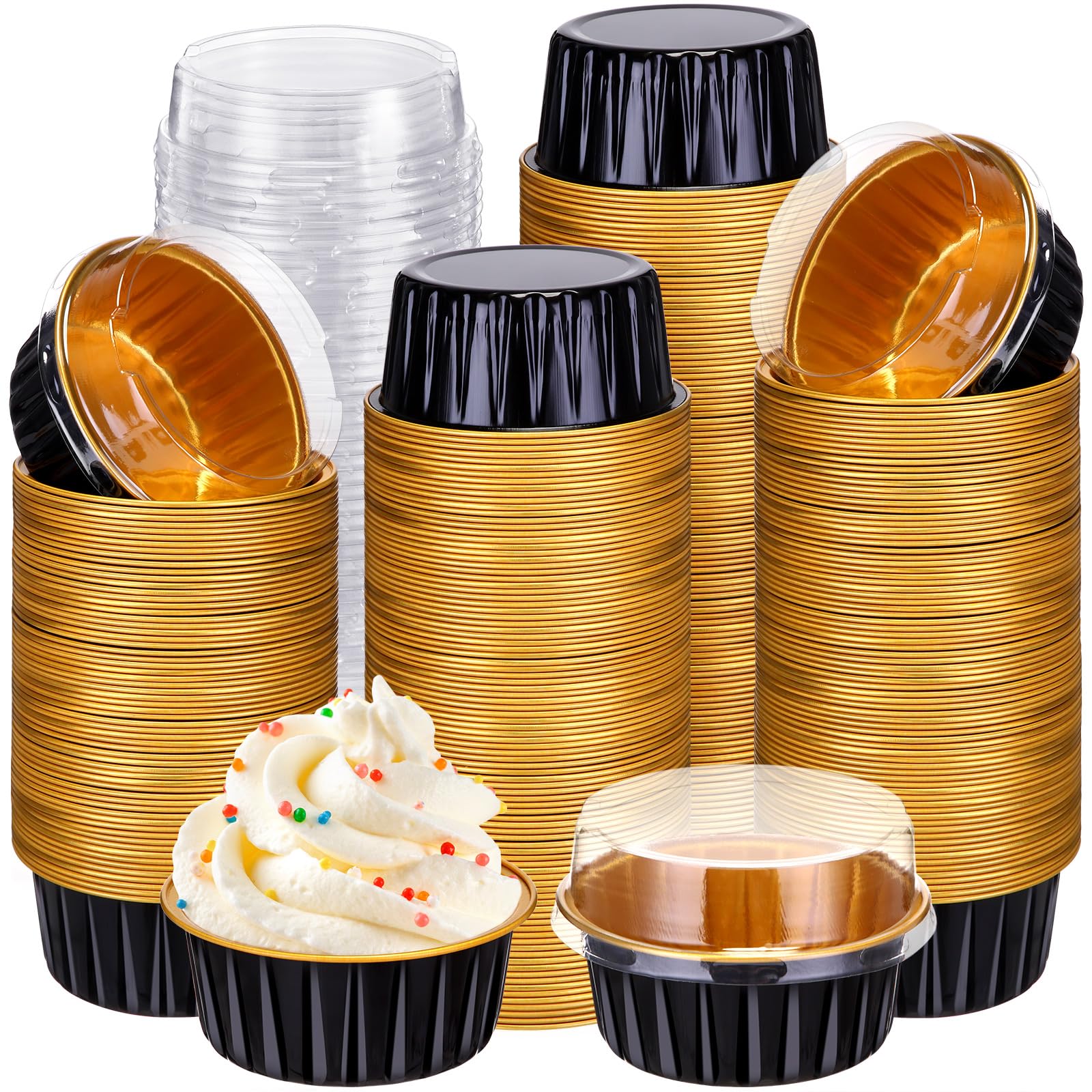 Gejoy 400 Pcs Aluminum Foil Baking Cups with Lids, Classic, Black, Gold