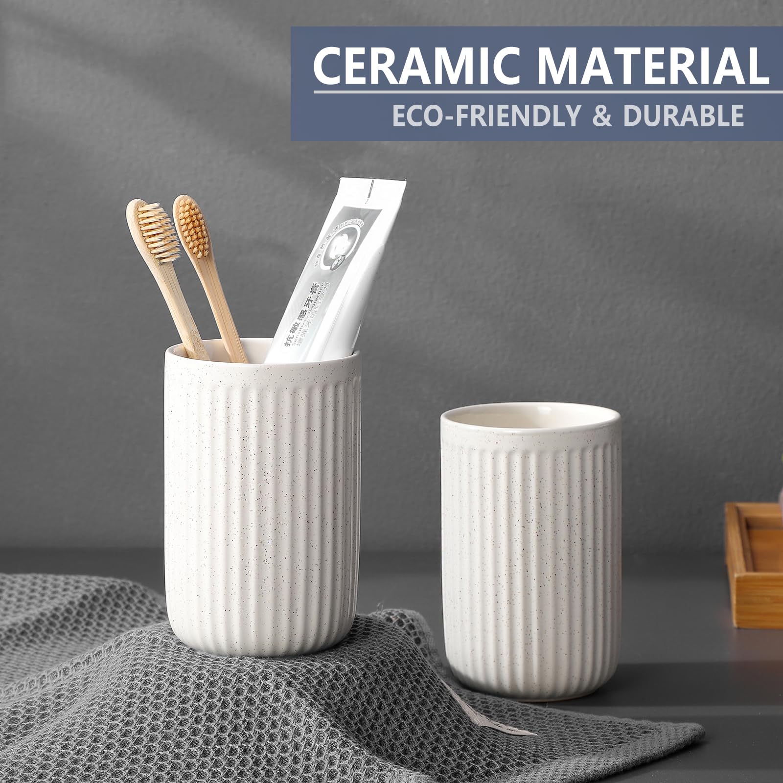 Bsdisp Toothbrush Holders For Bathrooms - 2 Cups Ceramic Toothbrush Toothpaste Holders Set, Beige Bathroom Tumbler Cups Reusable