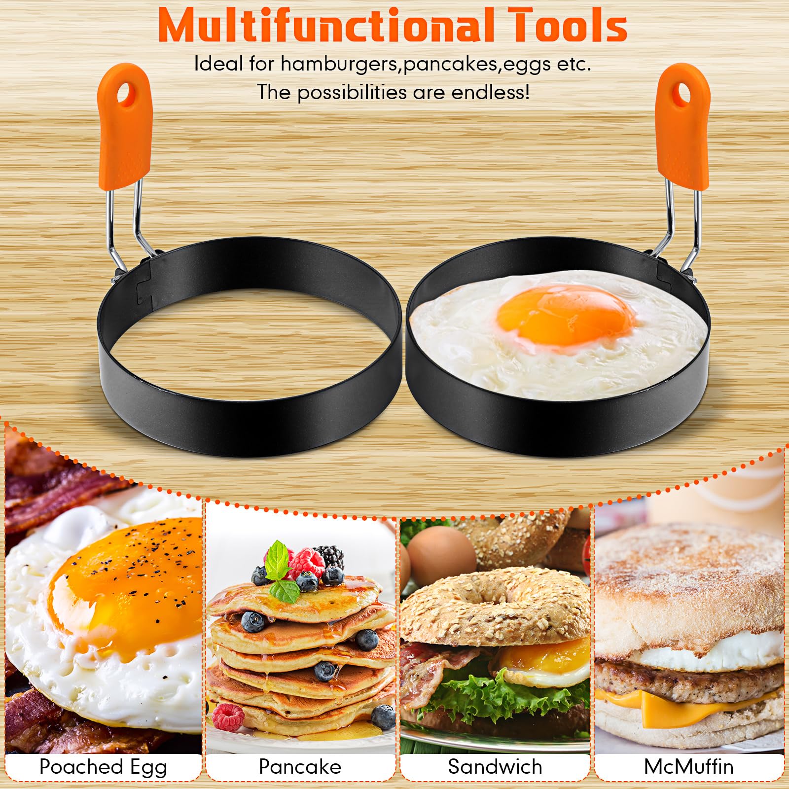 6 Pcs Professional Egg Ring Pancake Ring Set Stainless Steel Fried Egg Ring Griddle Pancake Shapers With Orange Silicone Handle