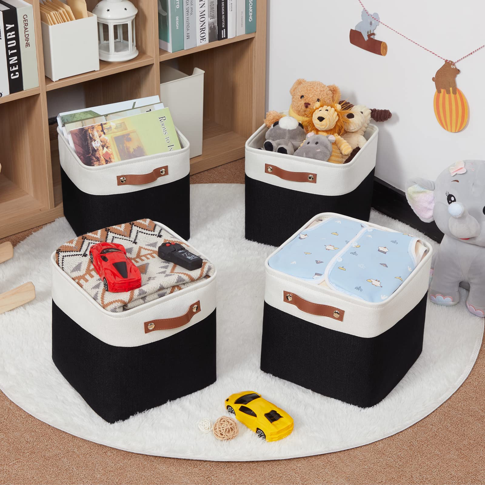 HNZIGE Foldable Storage Basket set Fabric Storage Baskets for Shelves Linen Closet Organizers (4 Pack) Storage Baskets 11x11 Storage Basket for Books Clothes Gifts with Handles(White&Black)