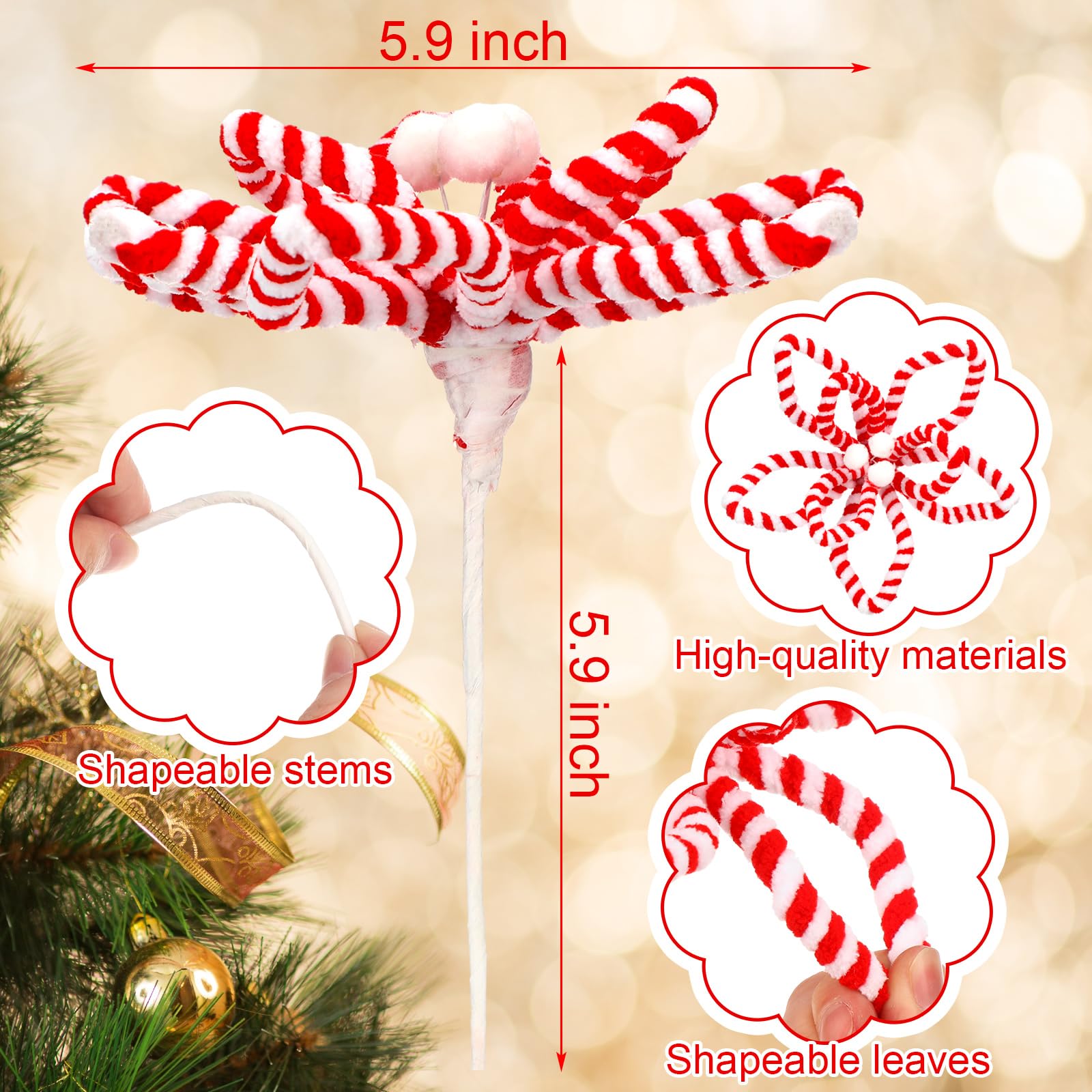 Bucherry 12 Candy Cane Christmas Ornaments Decorations, Silk Poinsettia Candy Cane Ornaments for Christmas Tree, Red White Peppe