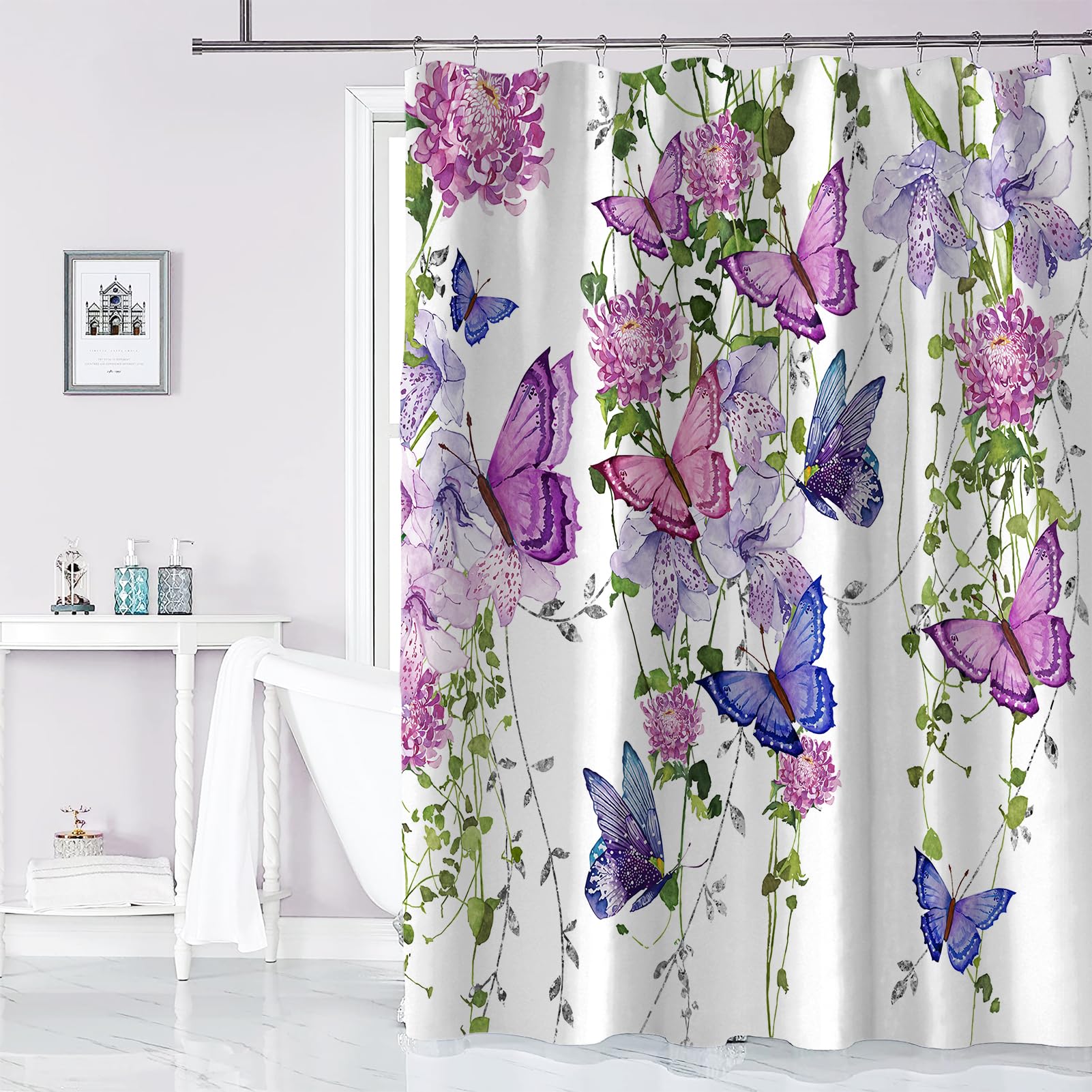 Chiinvent Purple Shower Curtain Butterfly Shower Curtains For Bathroom, Spring Shower Curtain Lavender Lilac Pink Floral Shower