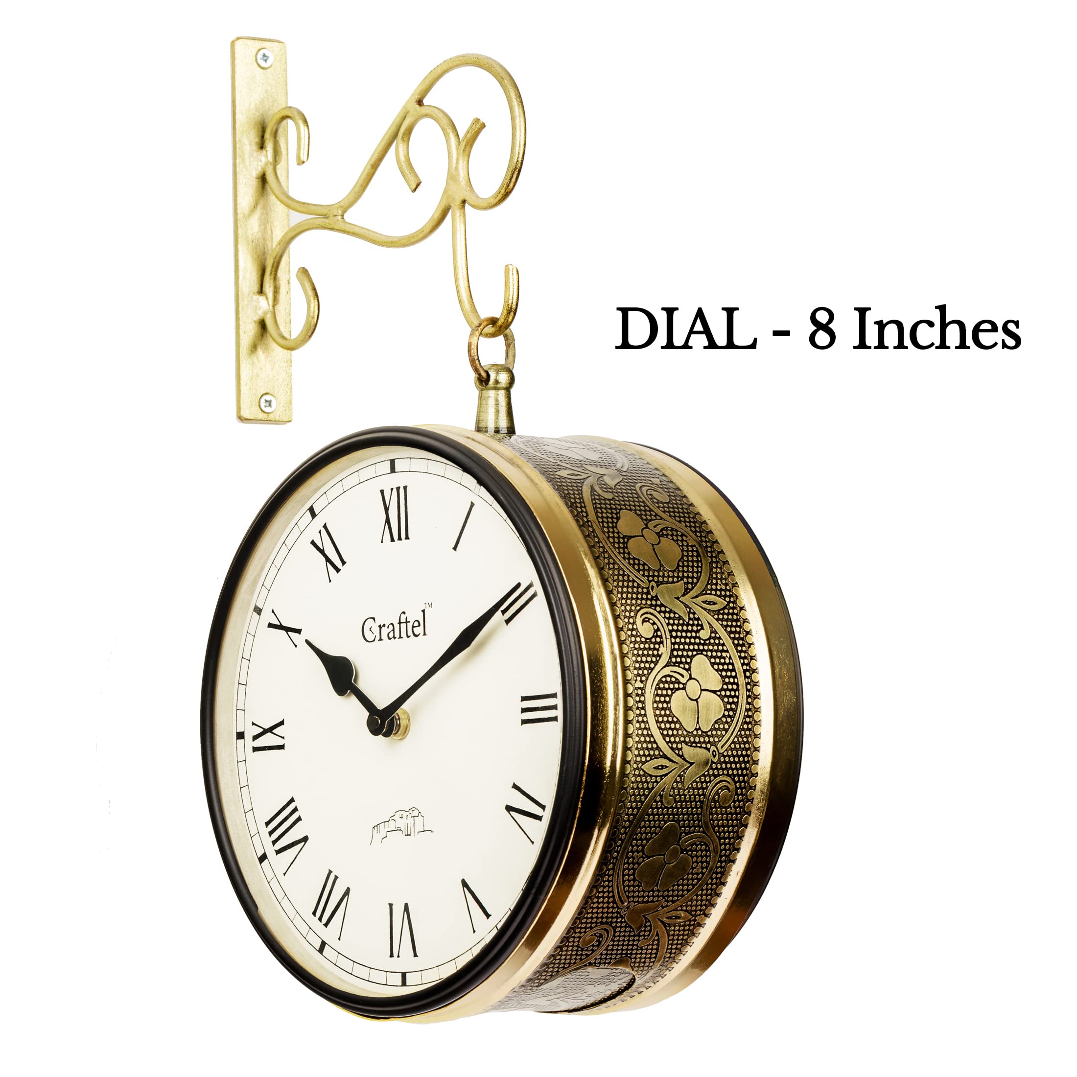 CRAFTEL Metal Analog Double Sided Vintage English Roman Station Wall Clock with Brass in dial (Shiny Gold_8 Inches)