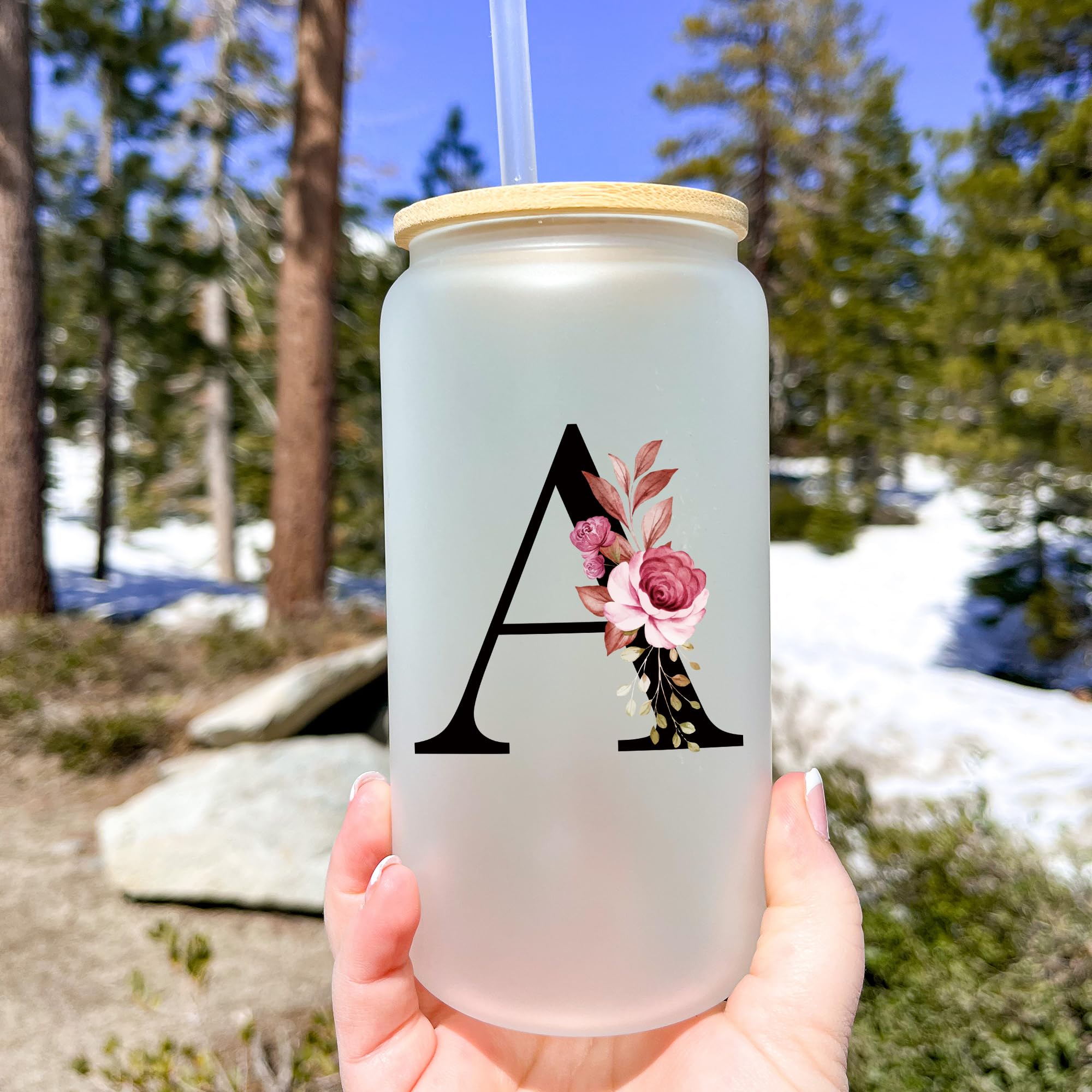 Personalized Gifts For Women, Monogrammed Frosted Glass Tumbler With Straw And Lid, Cute Customized Mug, Custom Initial Iced Cof