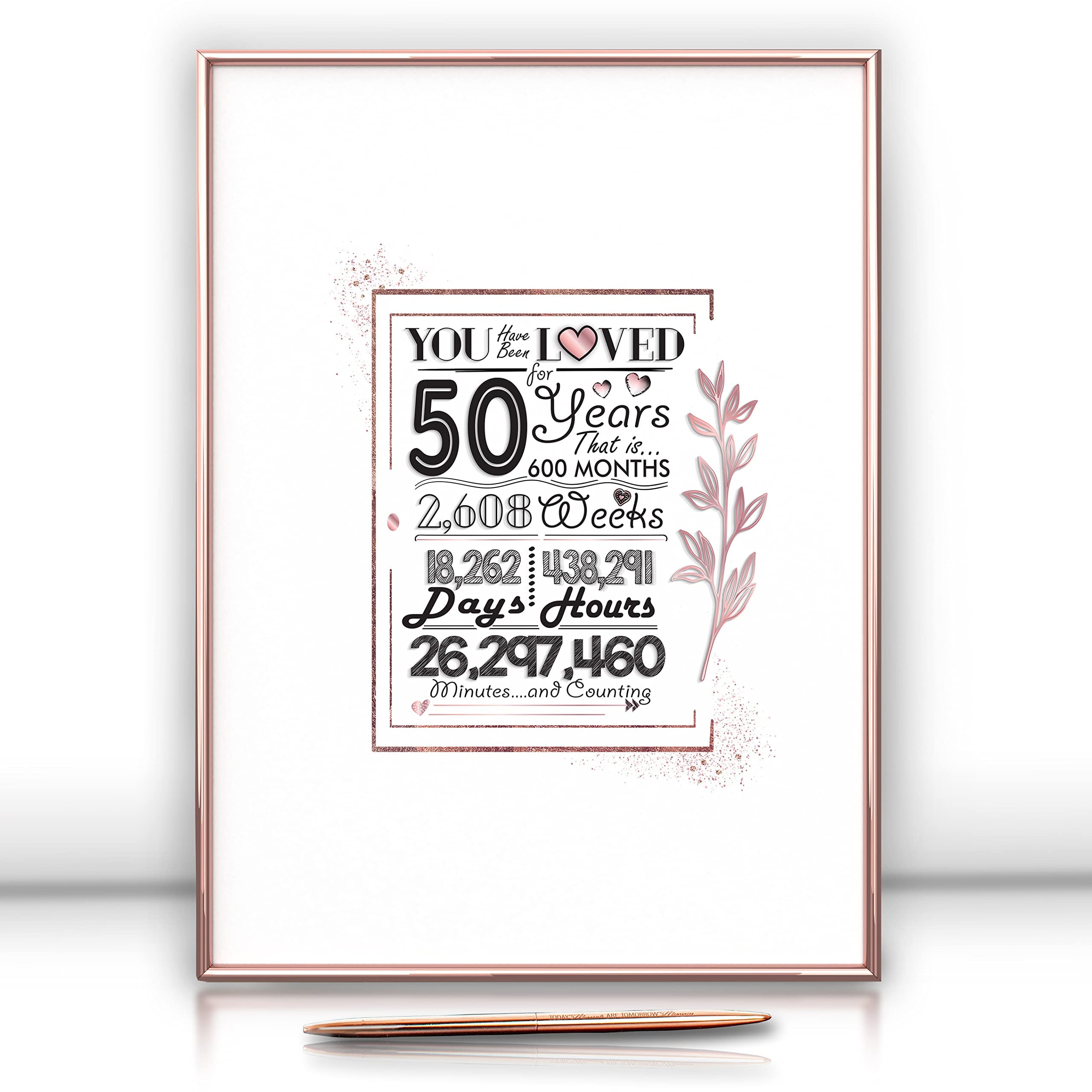 Framed 50Th Guest Book Alternative 12''X16'' - 50Th Birthday Decorations For Women - Ready To Hang & Stand Rose Gold Aluminum Fr