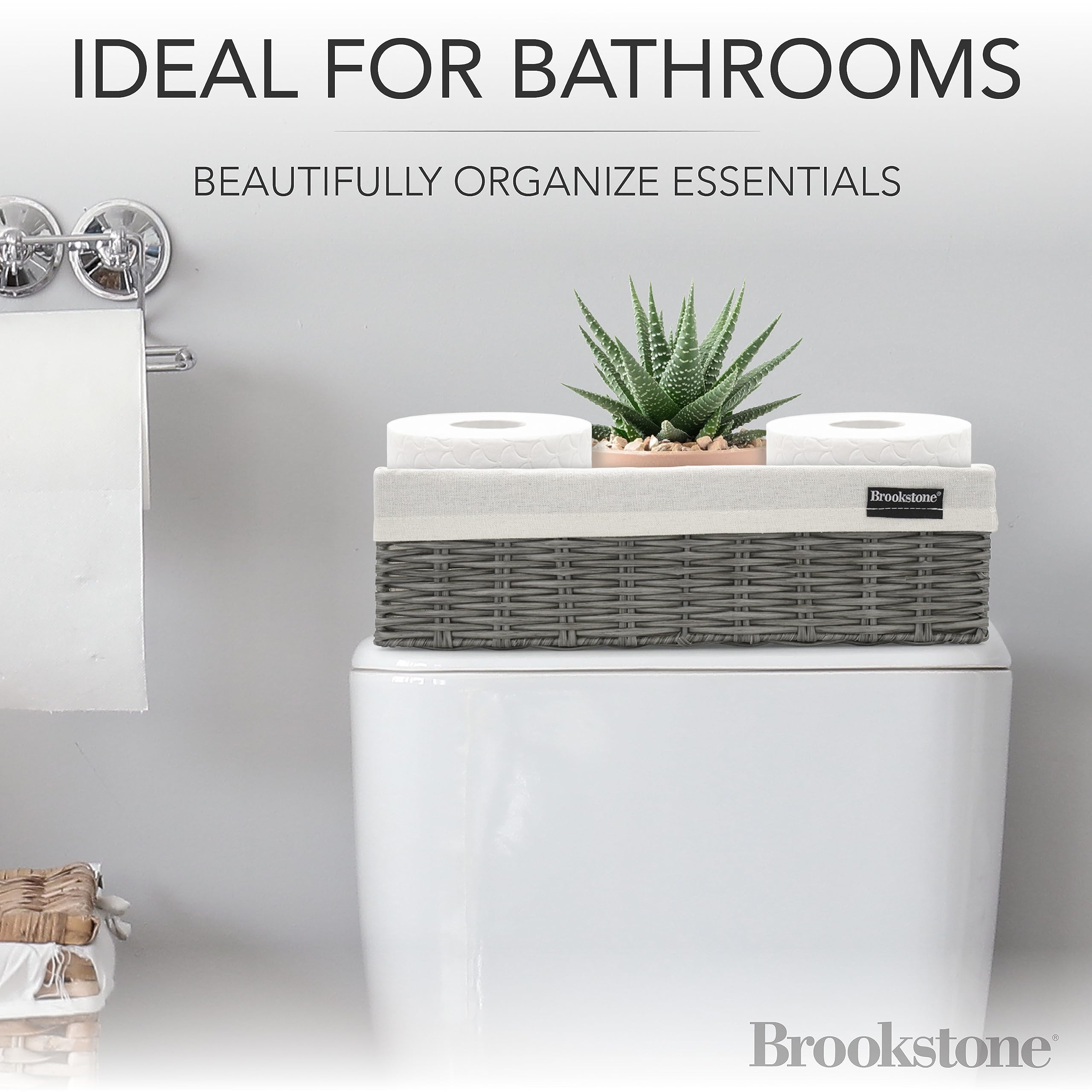 Brookstone [2 Pack Set] Wicker Storage Basket, Boho Organization And Storage Container, Decorative Shelf Bin, Over The Toilet Pa