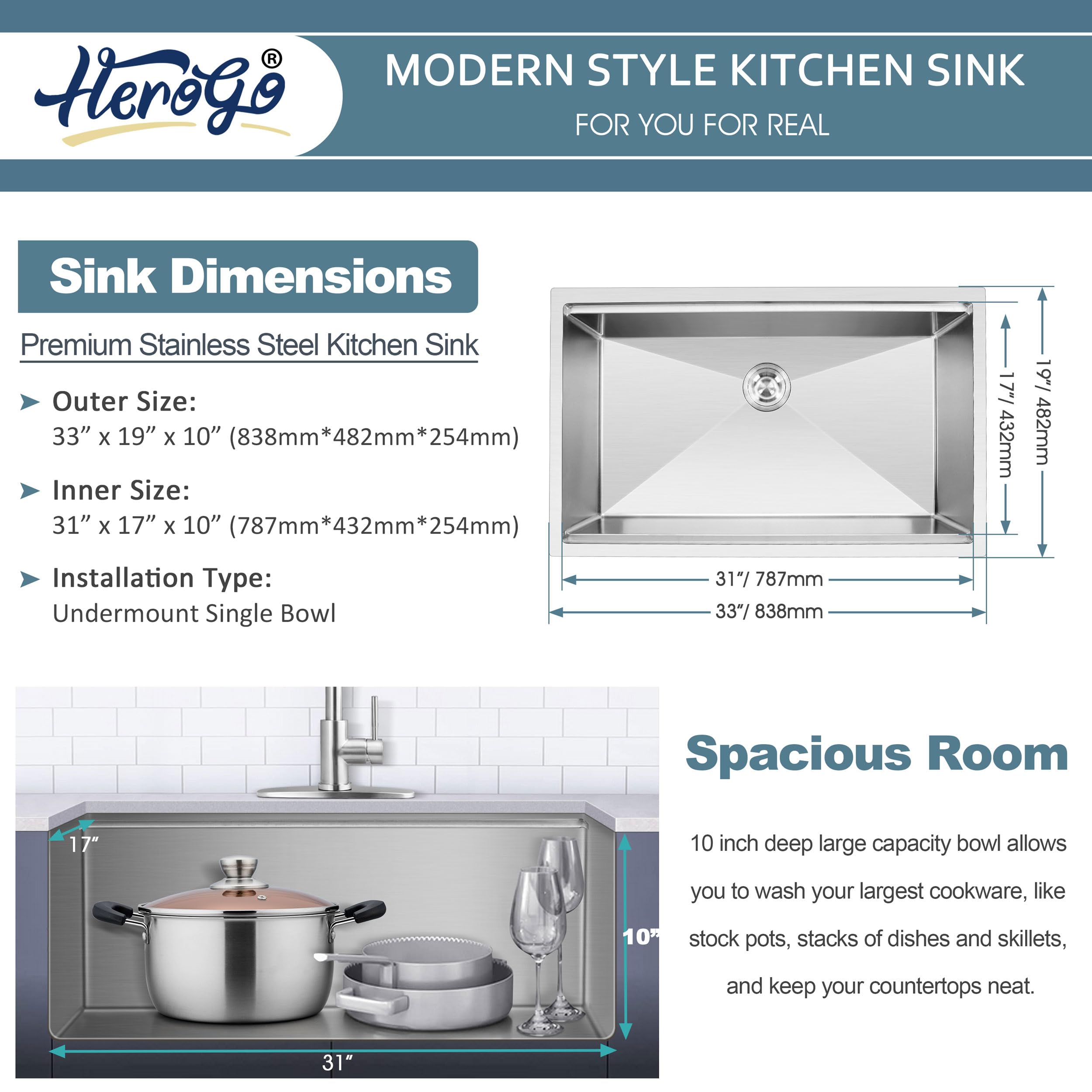 Herogo 33X19Inch Undermount Kitchen Sink, Stainless Steel Single Bowl Kitchen Workstaion Sink Basin, Handmade 10'' Deep Kitchen
