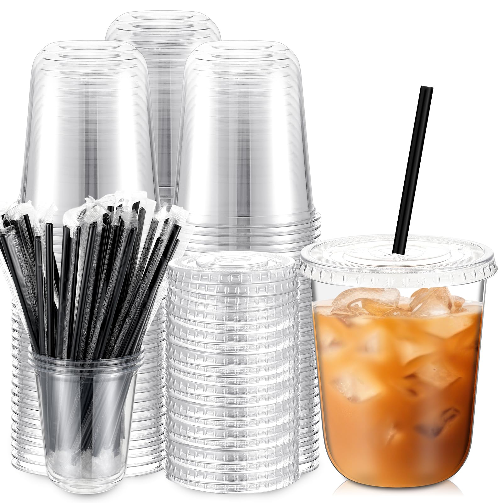 Ziliny 100 Sets 14 oz Clear Plastic Iced Coffee Cups with Lids and Straws